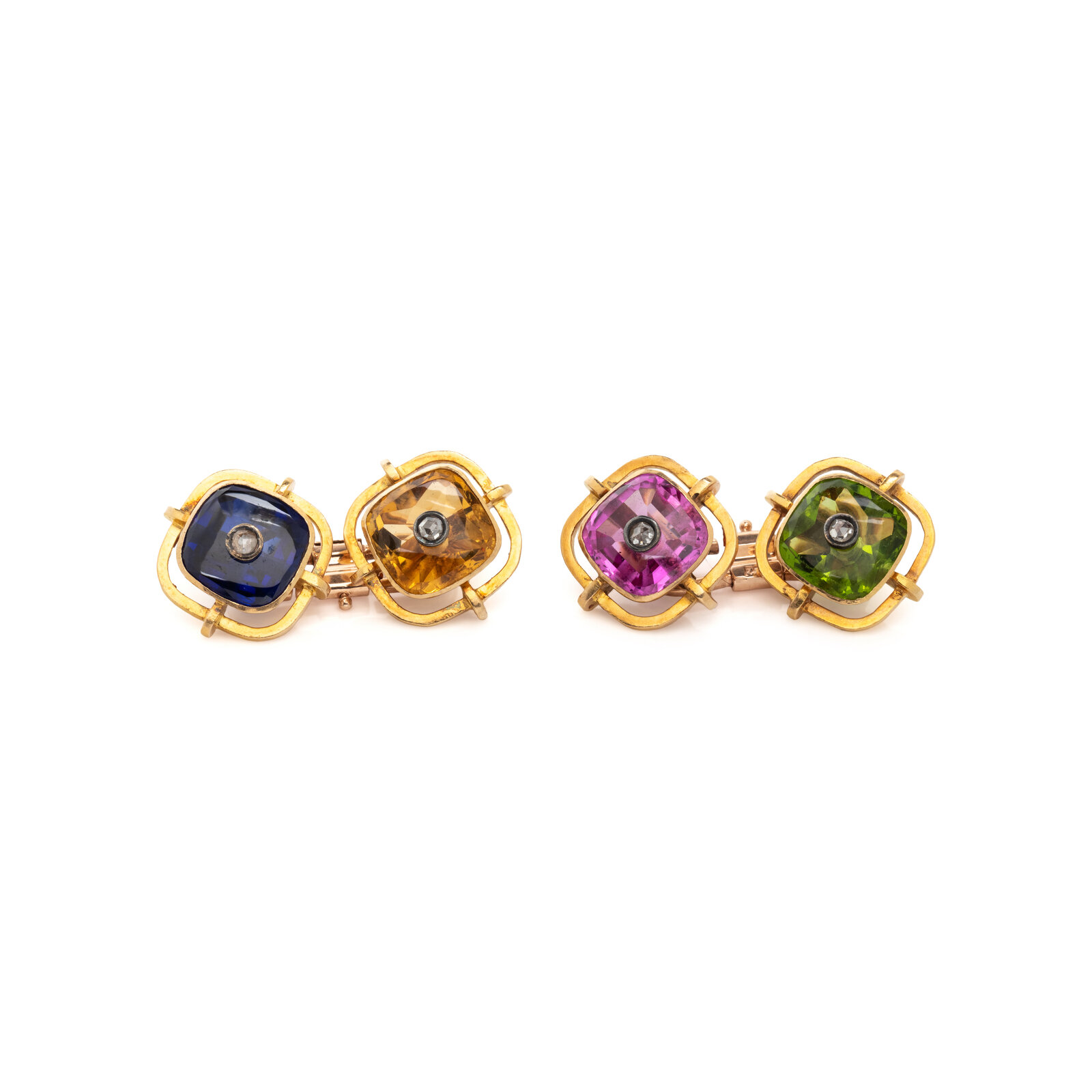 Appraisal: MULTIGEM AND DIAMOND CUFFLINKS Cushion cut synthetic sapphire synthetic pink