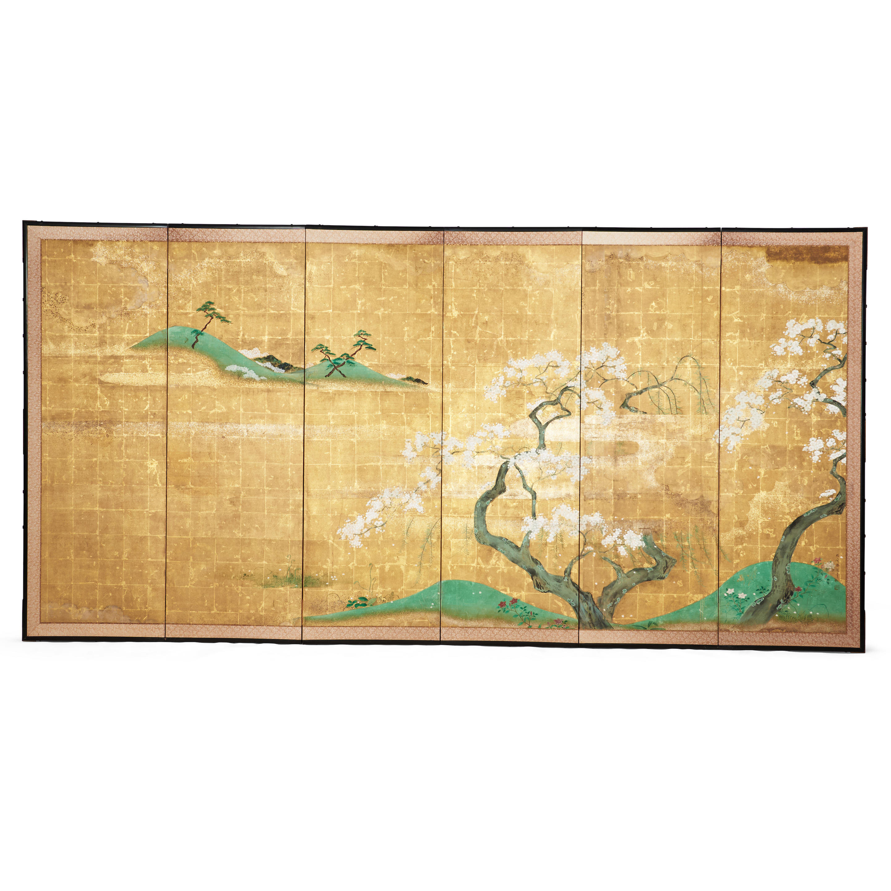 Appraisal: A SIX-PANEL FOLDING SCREEN DEPICTING BLOOMING WHITE CHERRY TREES Japan