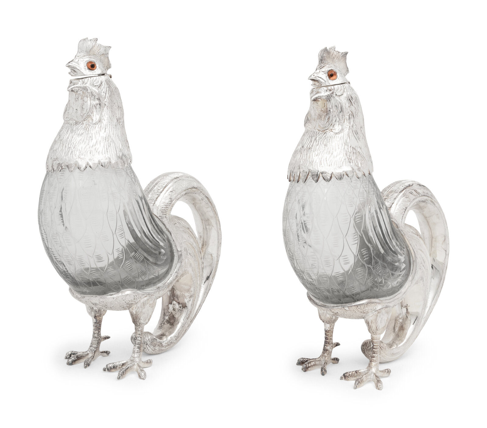 Appraisal: A Pair of Silver-Plate and Glass Cockerel Decanters th Century