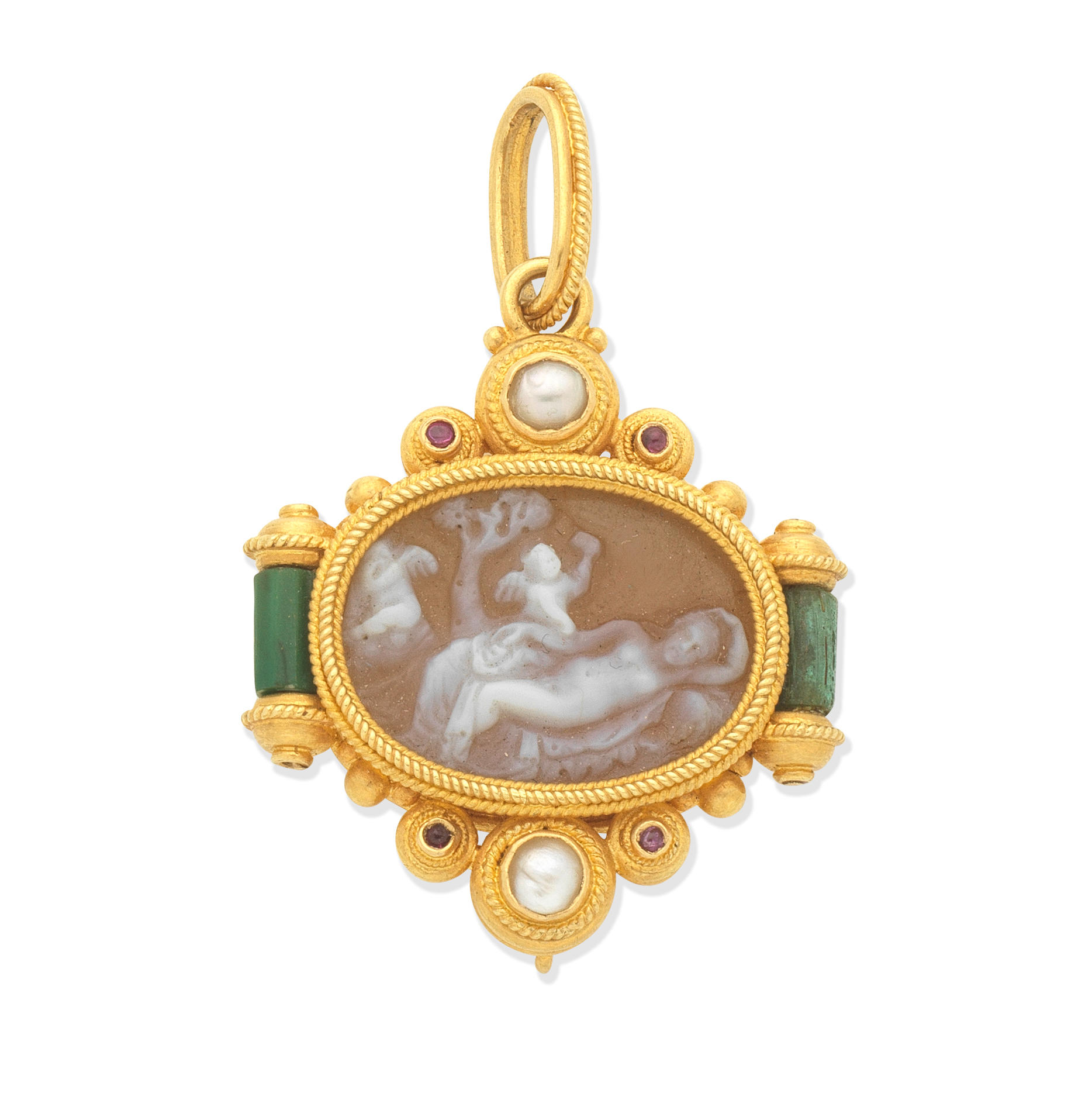 Appraisal: CASTELLANI AGATE CAMEO AND GEM-SET PENDANT CIRCA The agate carved