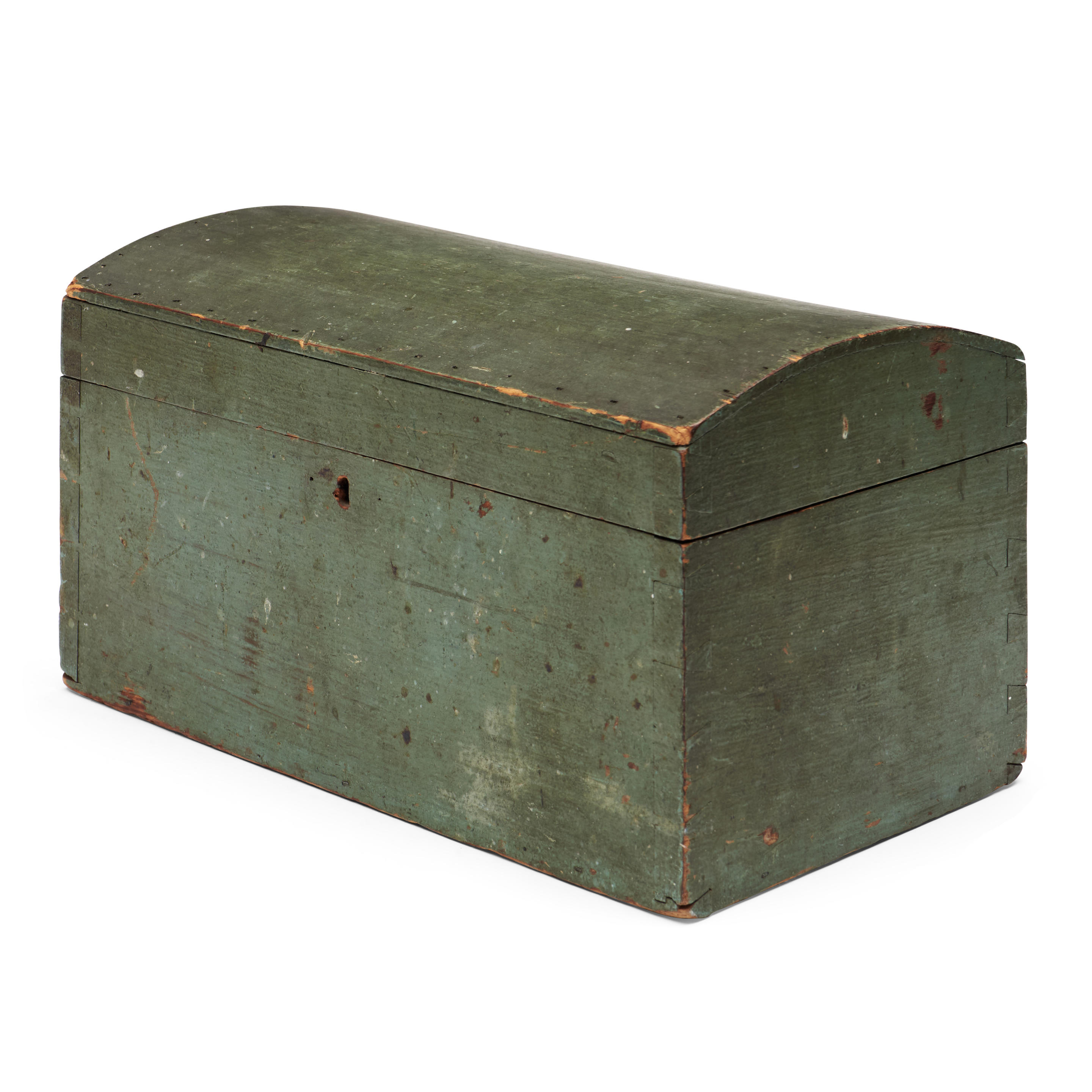 Appraisal: SMALL BLUE-PAINTED DOME-TOP BOX America th century Dovetail construction brass