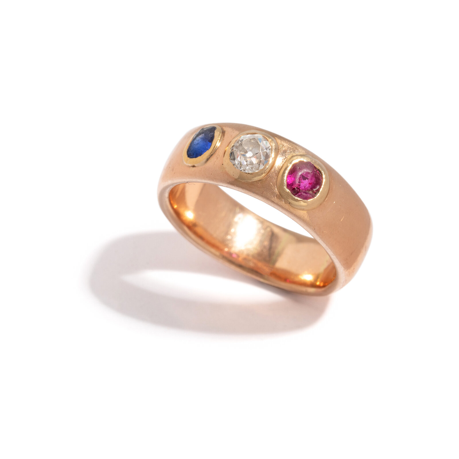 Appraisal: ROSE GOLD SAPPHIRE DIAMOND AND RUBY RING Old European cut