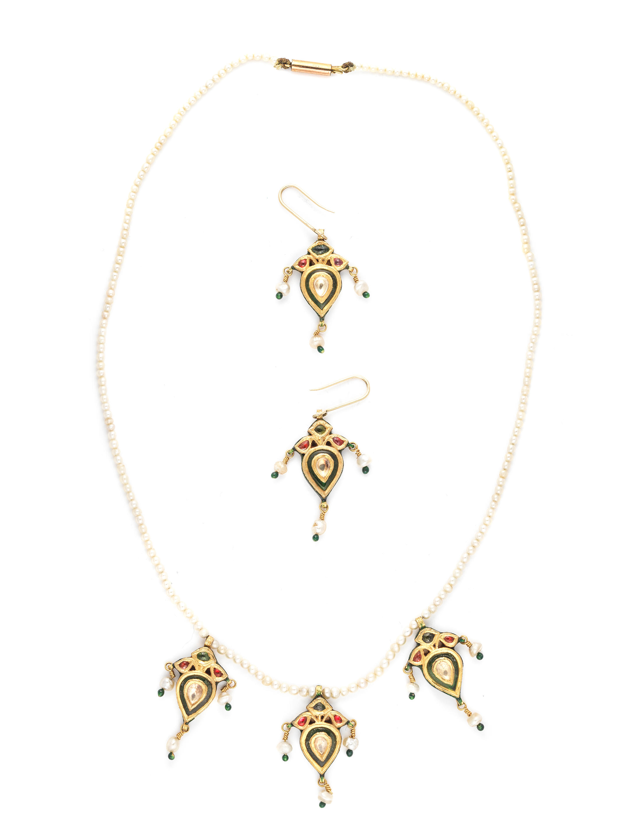 Appraisal: A GEM-SET ENAMELLED GOLD NECKLACE AND EARRINGS NORTH INDIA TH