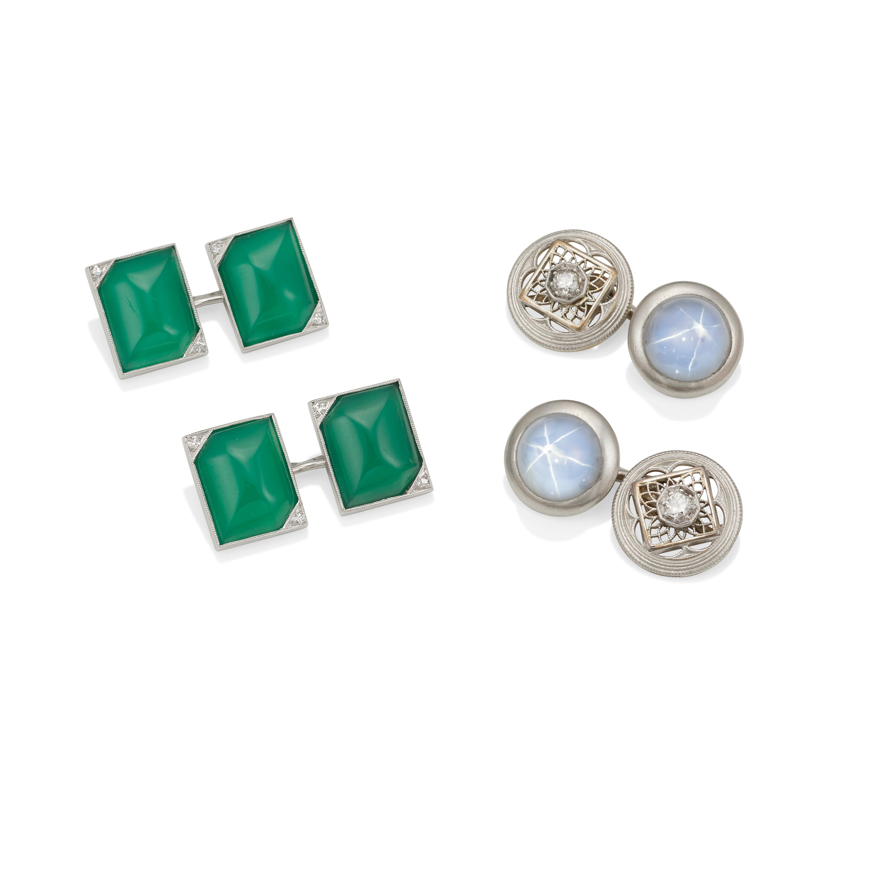 Appraisal: TWO PAIRS OF PLATINUM AND GEM-SET CUFFLINKS Star sapphire chrysoprase