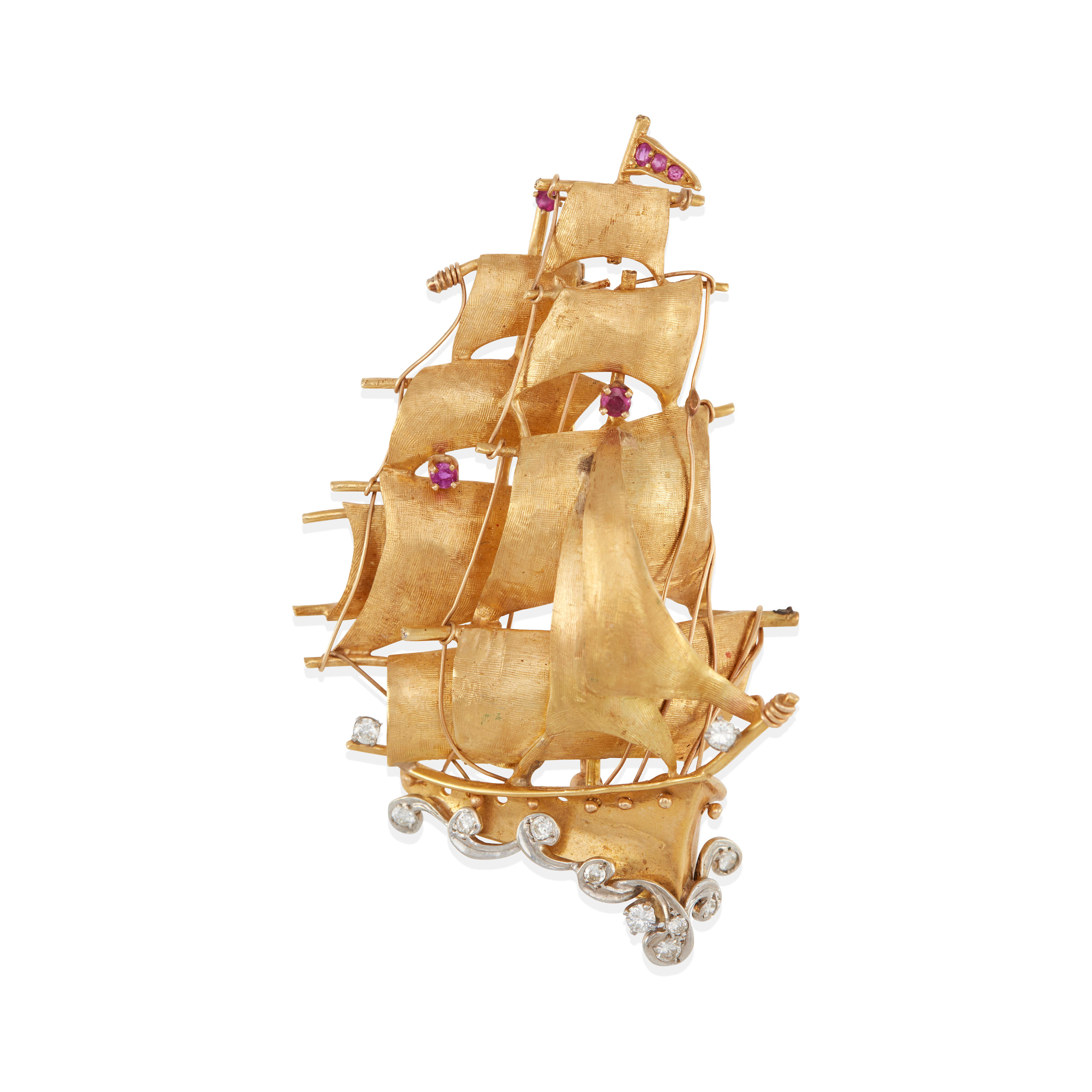 Appraisal: A K BI-COLOR GOLD AND GEM-SET SHIP BROOCH k yellow