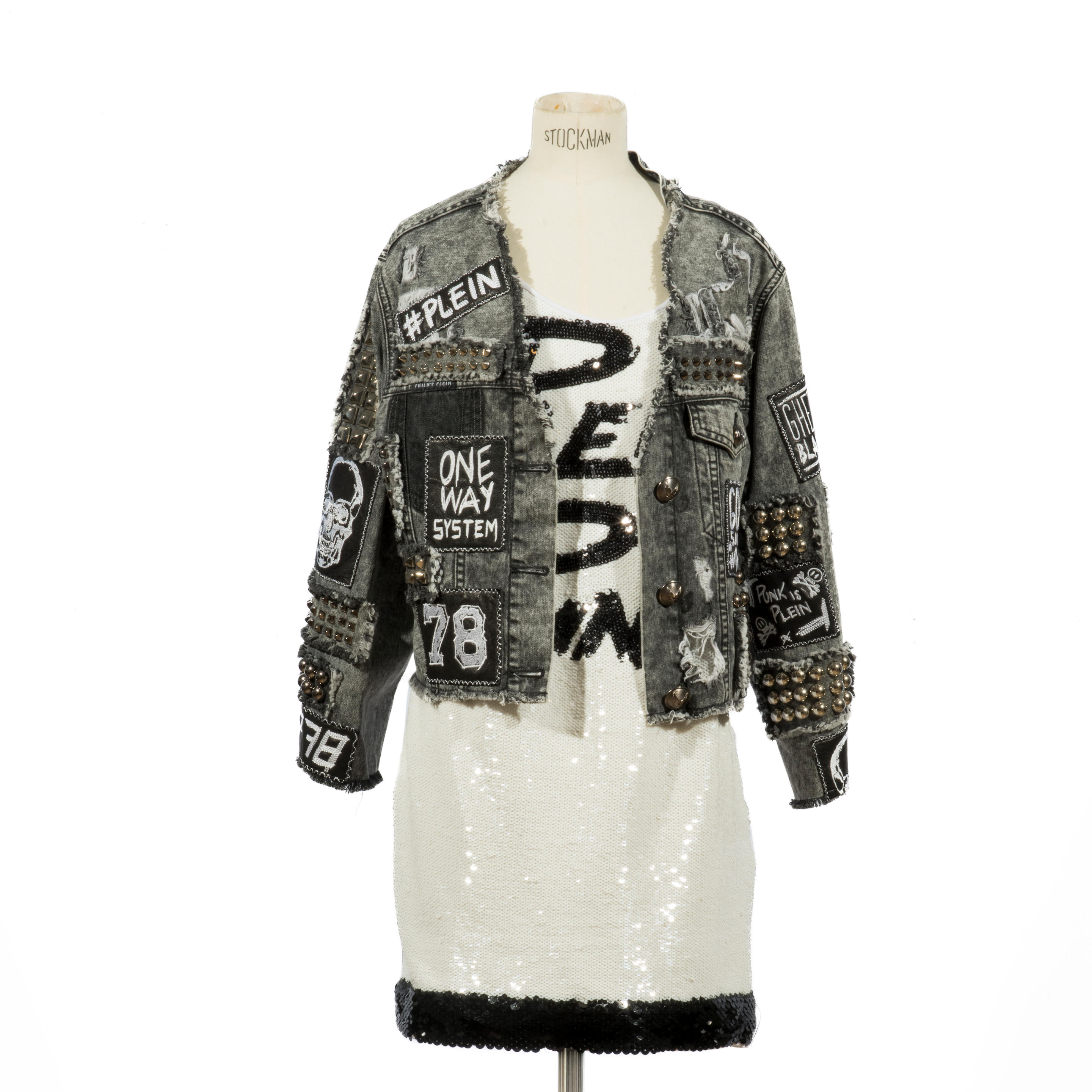 Appraisal: PHILIPP PLEIN LOT DE PI CES Veste courte patchwork en