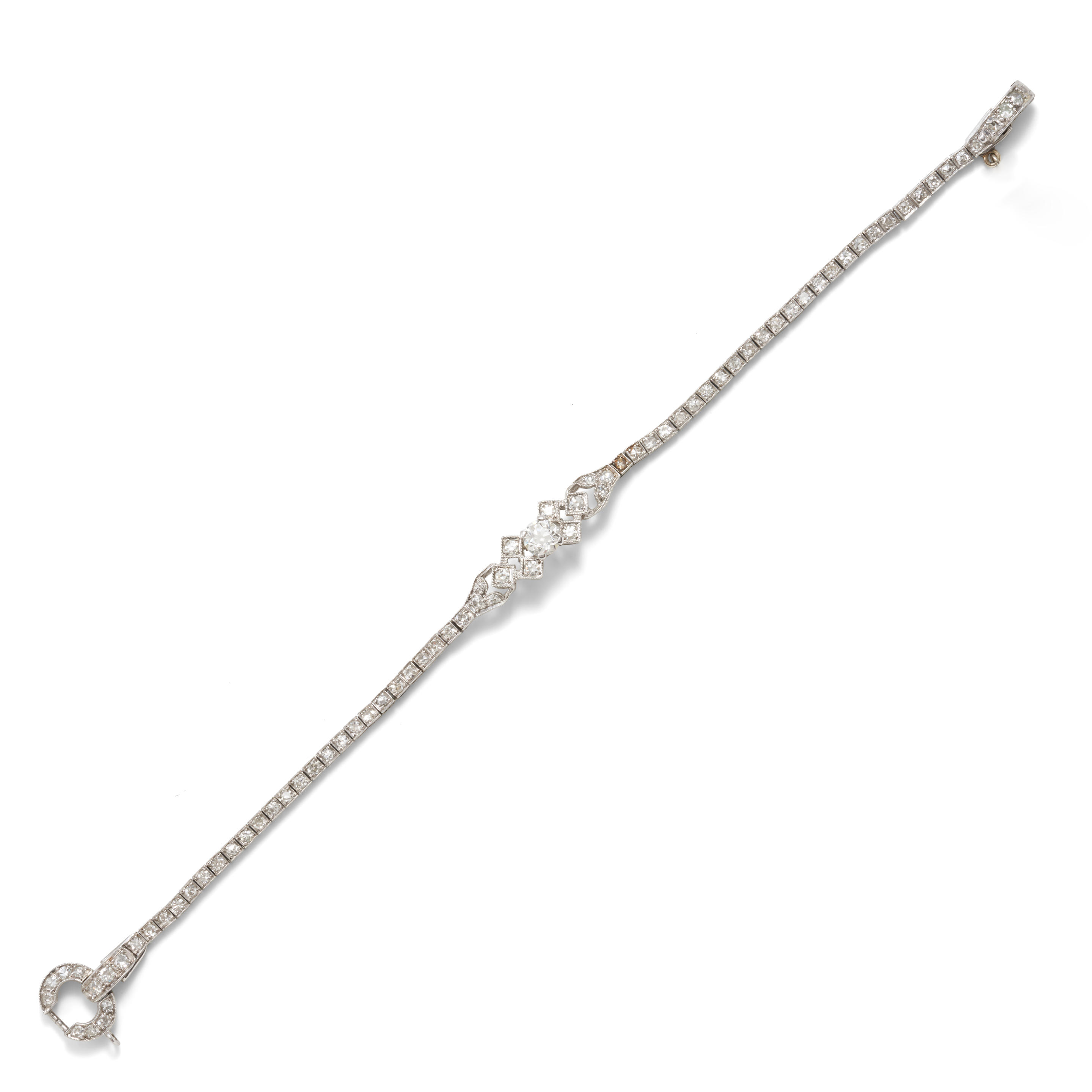 Appraisal: A PLATINUM AND DIAMOND BRACELET Centering an old European-cut diamond