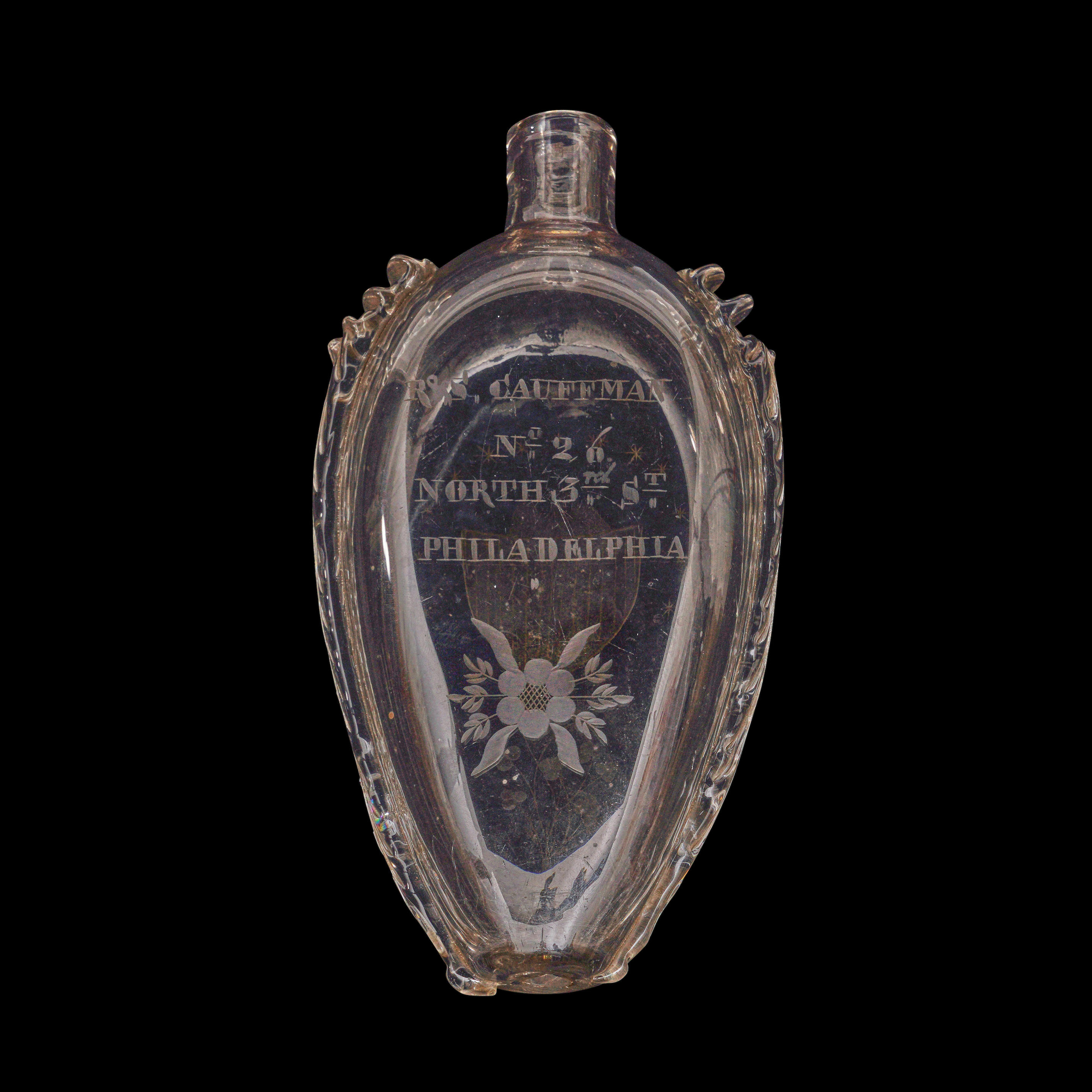 Appraisal: BLOWN AND ETCHED R S CAUFFMAN ADVERTISING FLASK probably Philadelphia