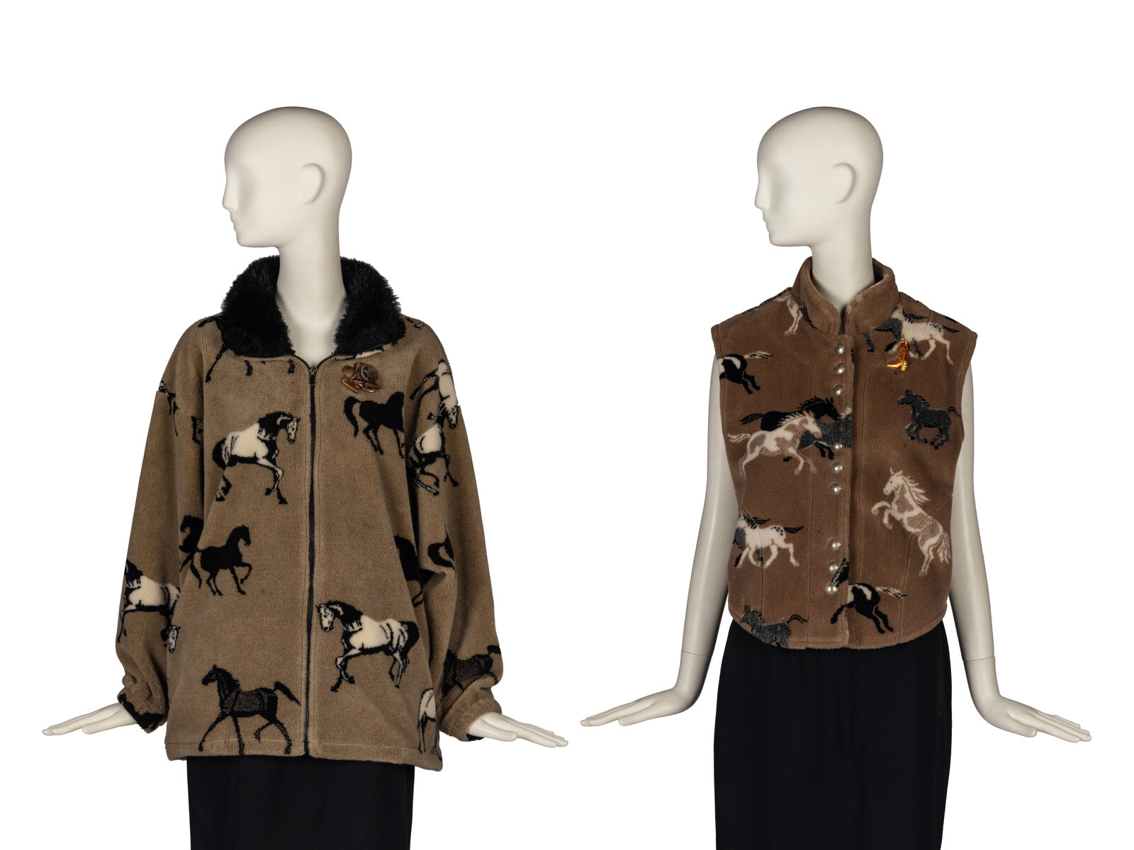 Appraisal: Two Equestrian Motif Fleece Knits and Two Brooches THE FIRST