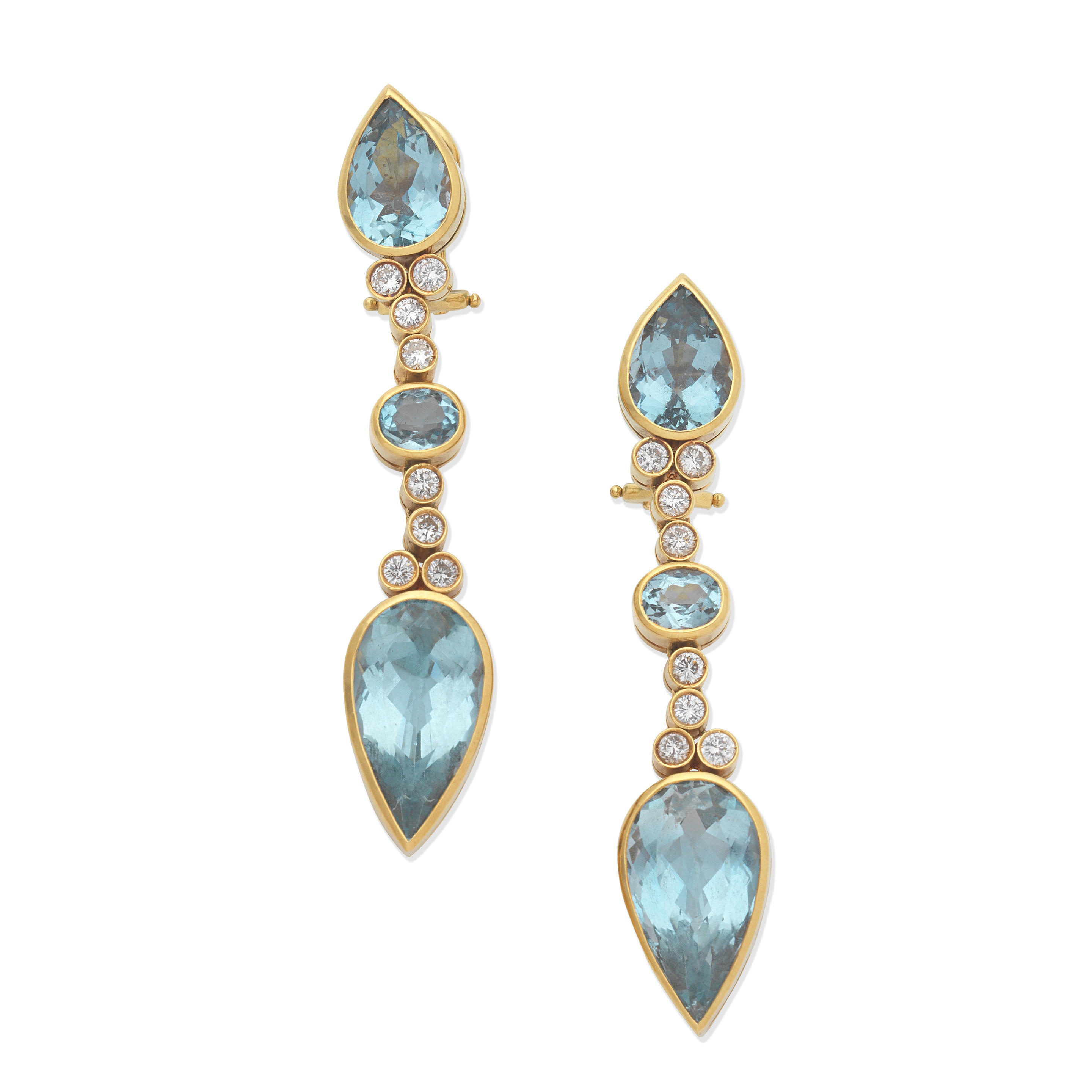 Appraisal: BLUE TOPAZ AND DIAMOND PENDENT EARRINGS Oval-cut and pear-shaped blue