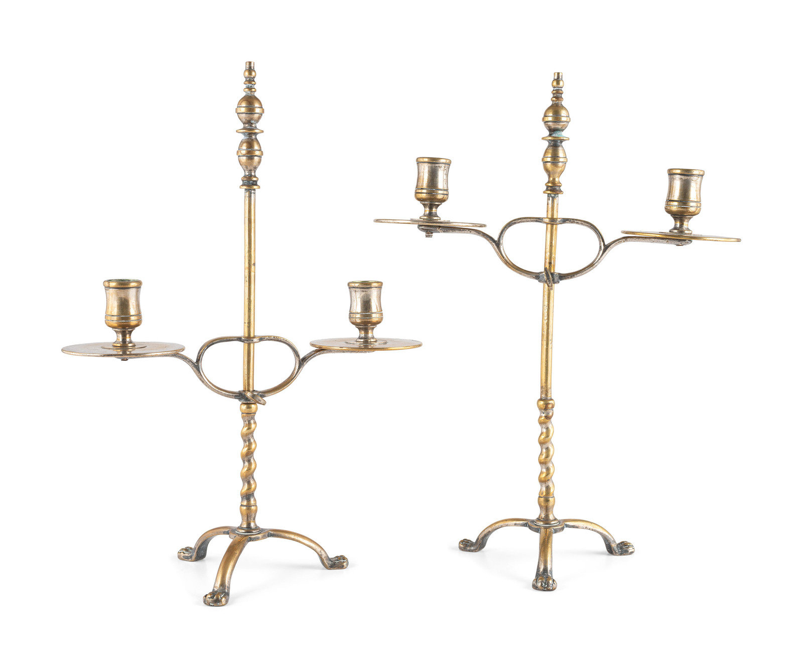 Appraisal: A Pair of Continental Brass Two-Light Telescoping Candelabra th Century