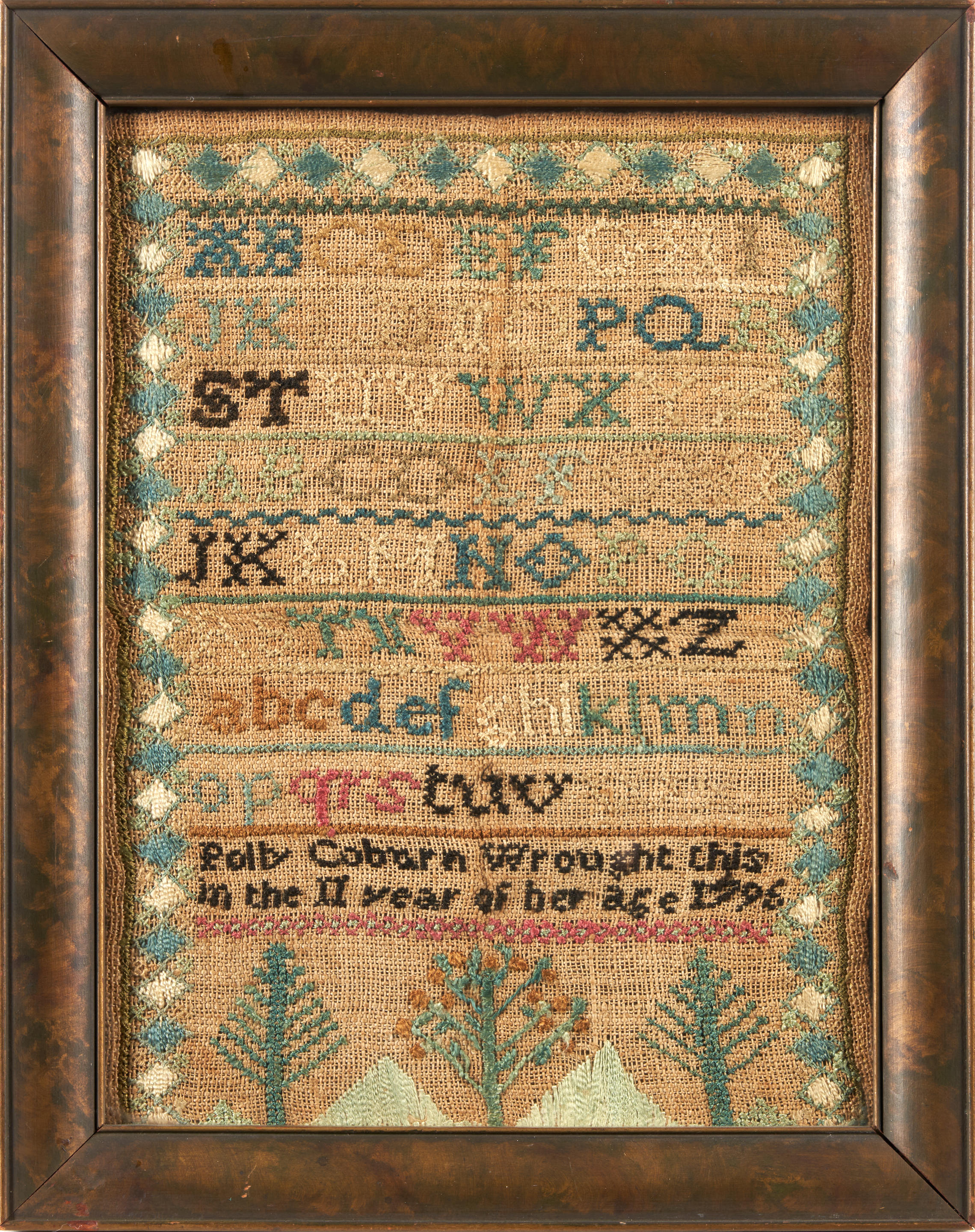 Appraisal: FRAMED SILK AND LINEN NEEDLEPOINT SAMPLER signed Polly Coburn age