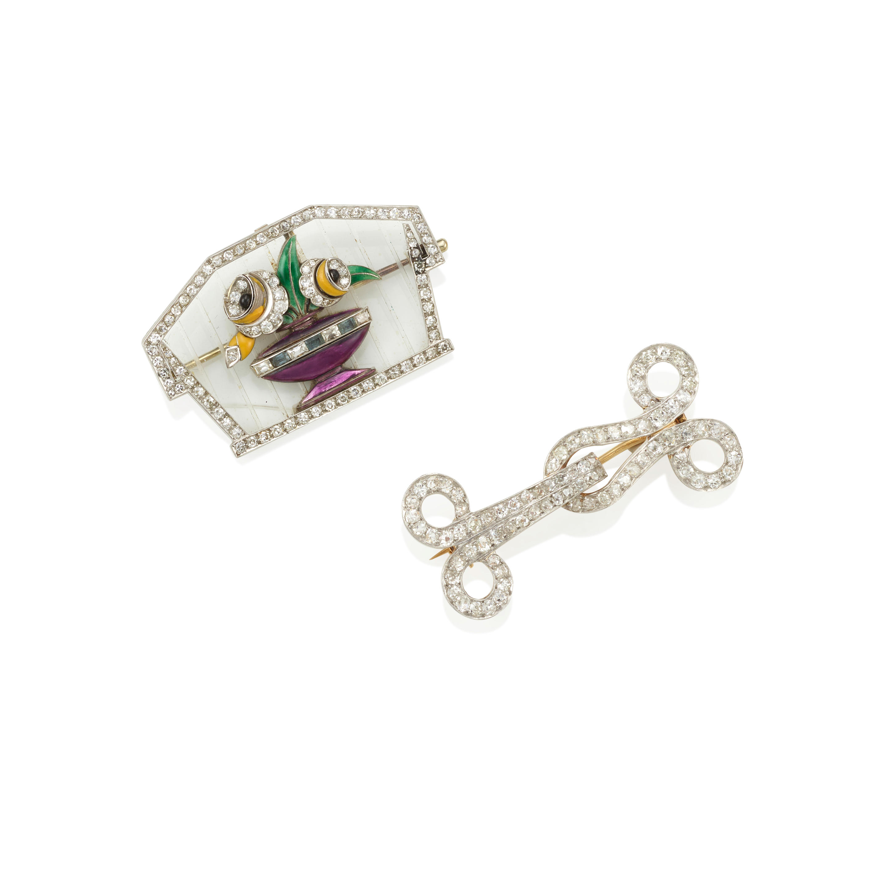 Appraisal: TWO PLATINUM GOLD-TOPPED PLATINUM GEM-SET ENAMEL AND DIAMOND BROOCHES Diamonds