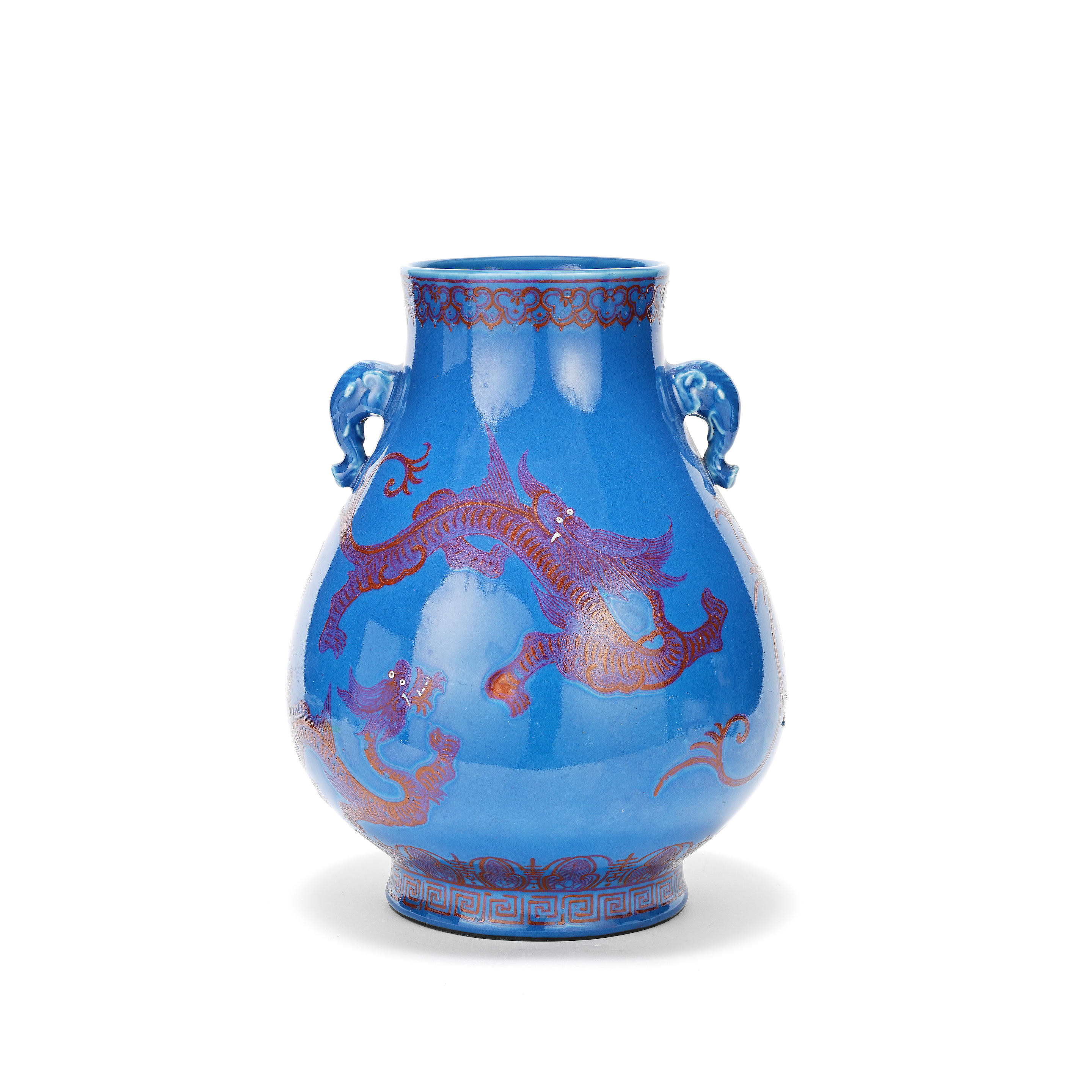 Appraisal: A PINK-ENAMELLED BLUE-GLAZED 'DRAGONS' VASE HU Qianlong mark Republic period