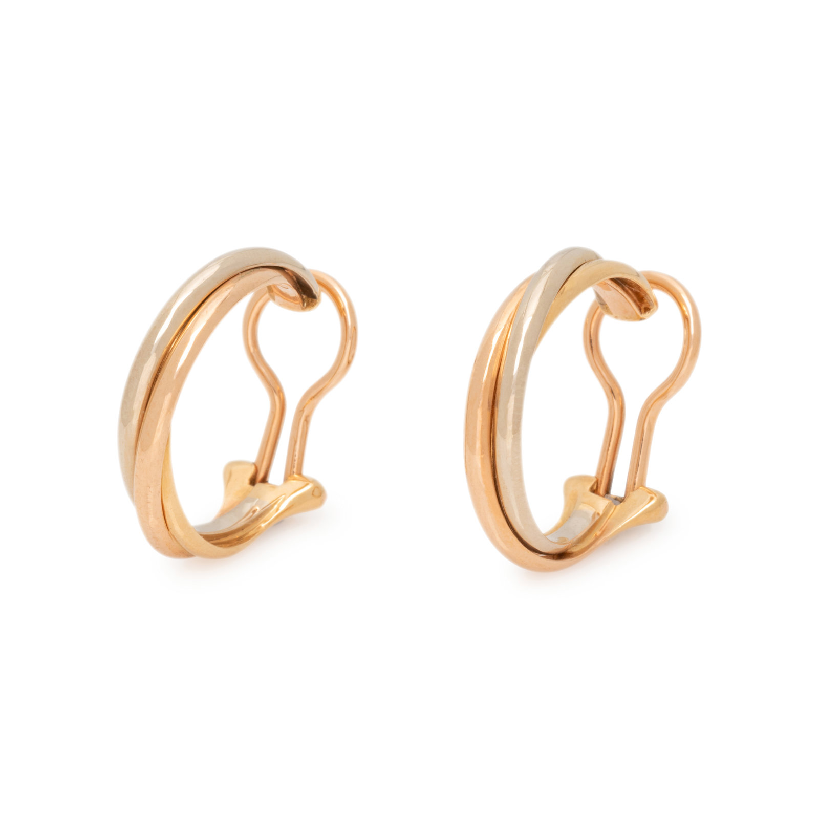 Appraisal: CARTIER TRICOLOR GOLD 'TRINITY' HOOP EARCLIPS Consisting of white rose