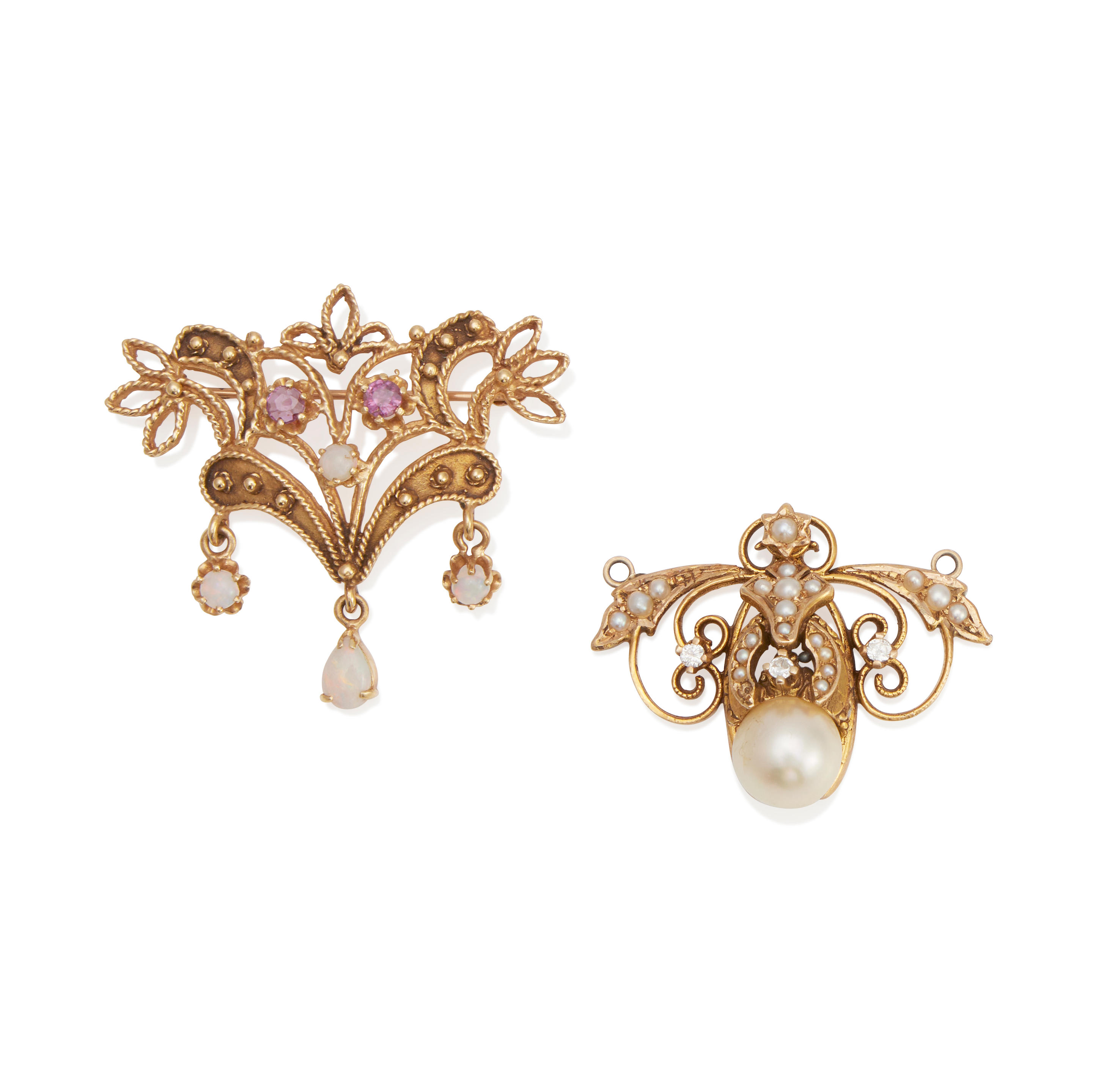 Appraisal: TWO K GOLD GEM-SET AND DIAMOND PENDANT AND BROOCH Cultured