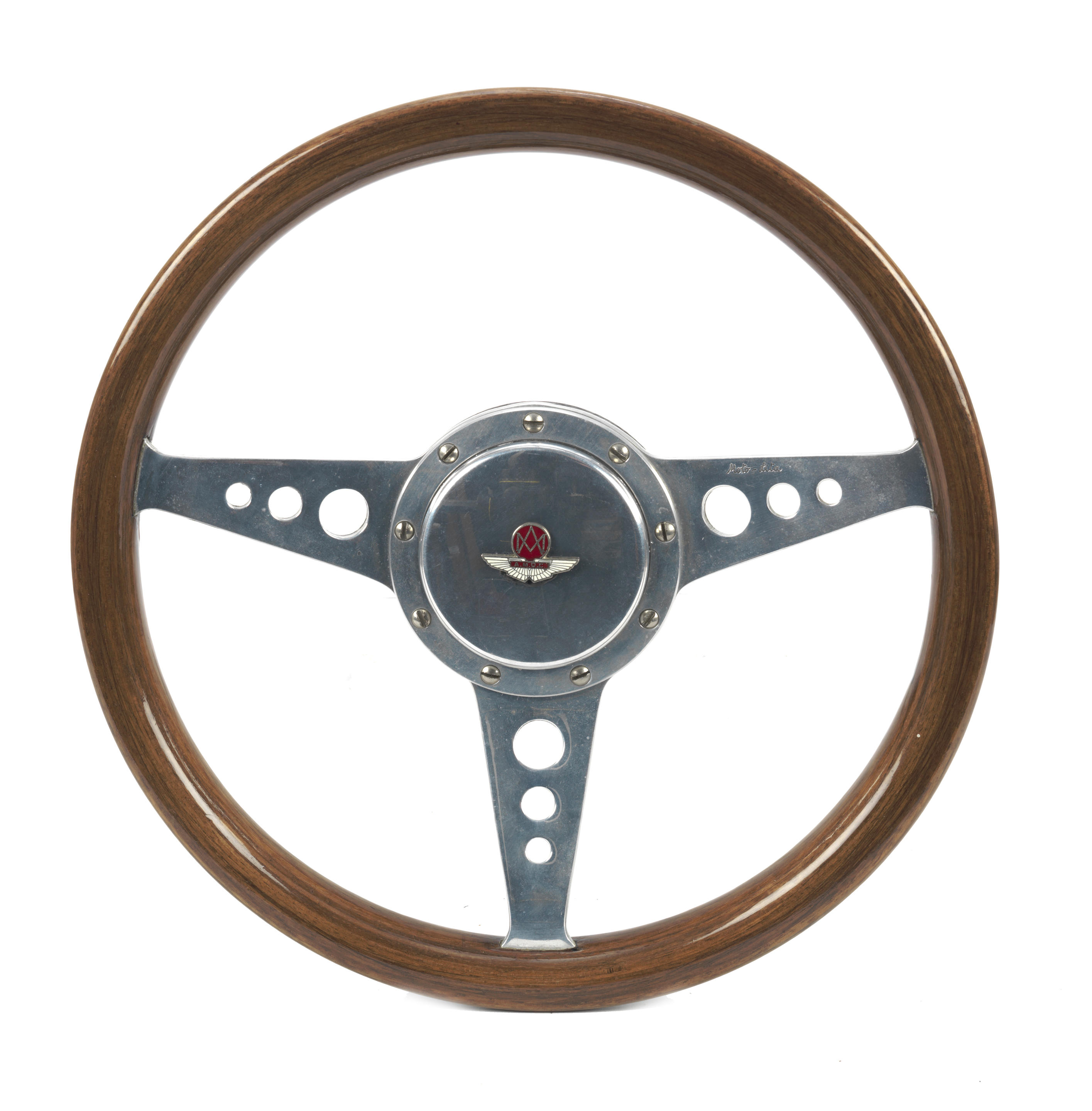 Appraisal: A MOTO-LITA WOOD-RIMMED STEERING WHEEL alloy three-spoke wheel with laminated