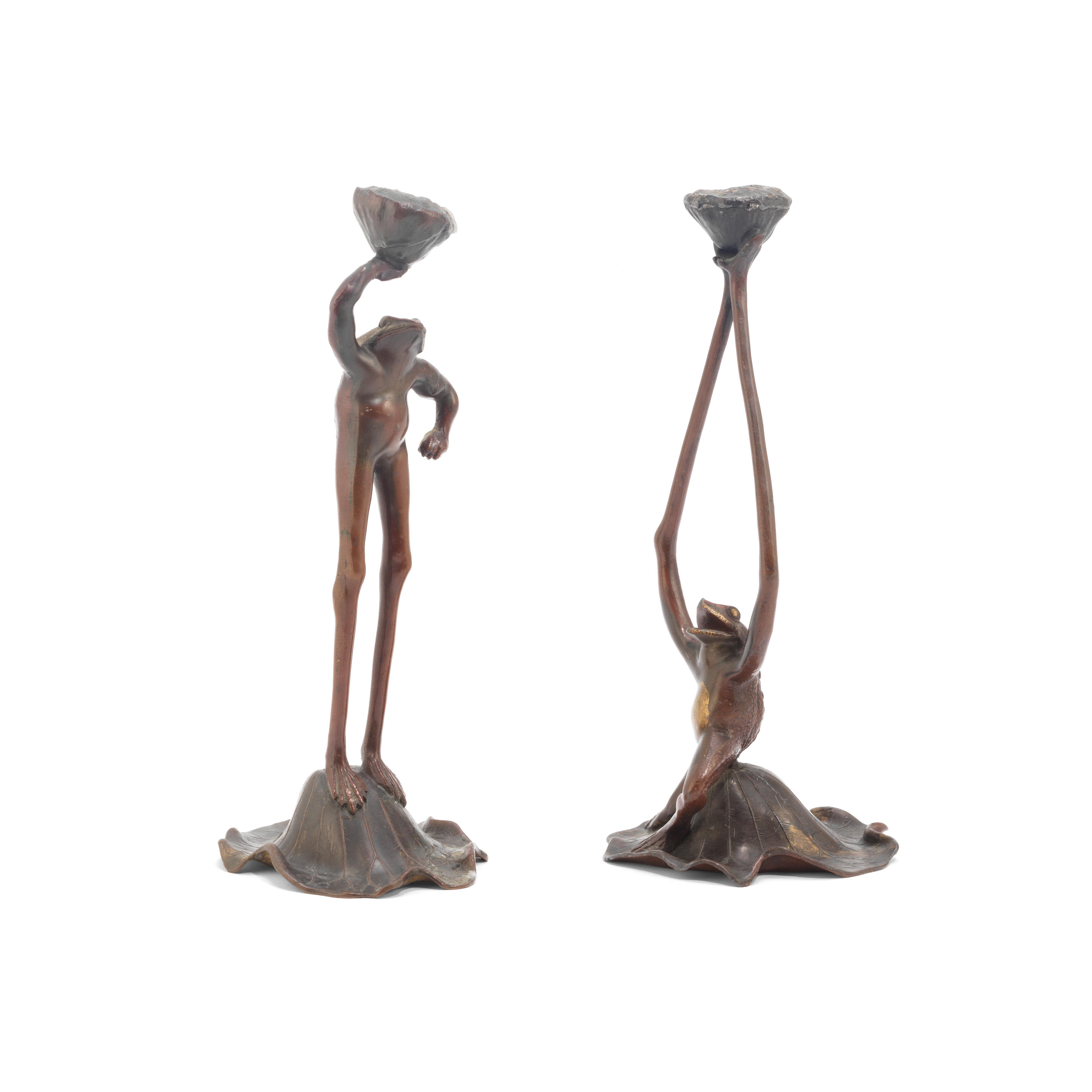 Appraisal: A PAIR OF PATINATED SPELTER NOVELTY FROG CANDLESTICKS unmarked Liberty