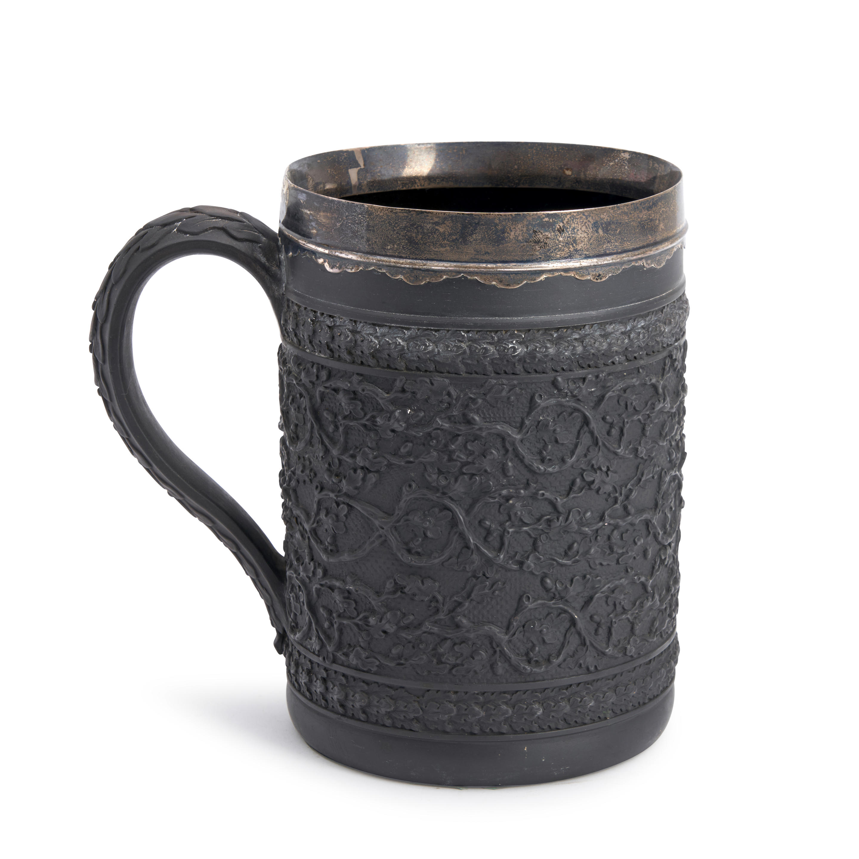 Appraisal: WEDGWOOD SILVER MOUNTED BLACK BASALT MUG England late th century