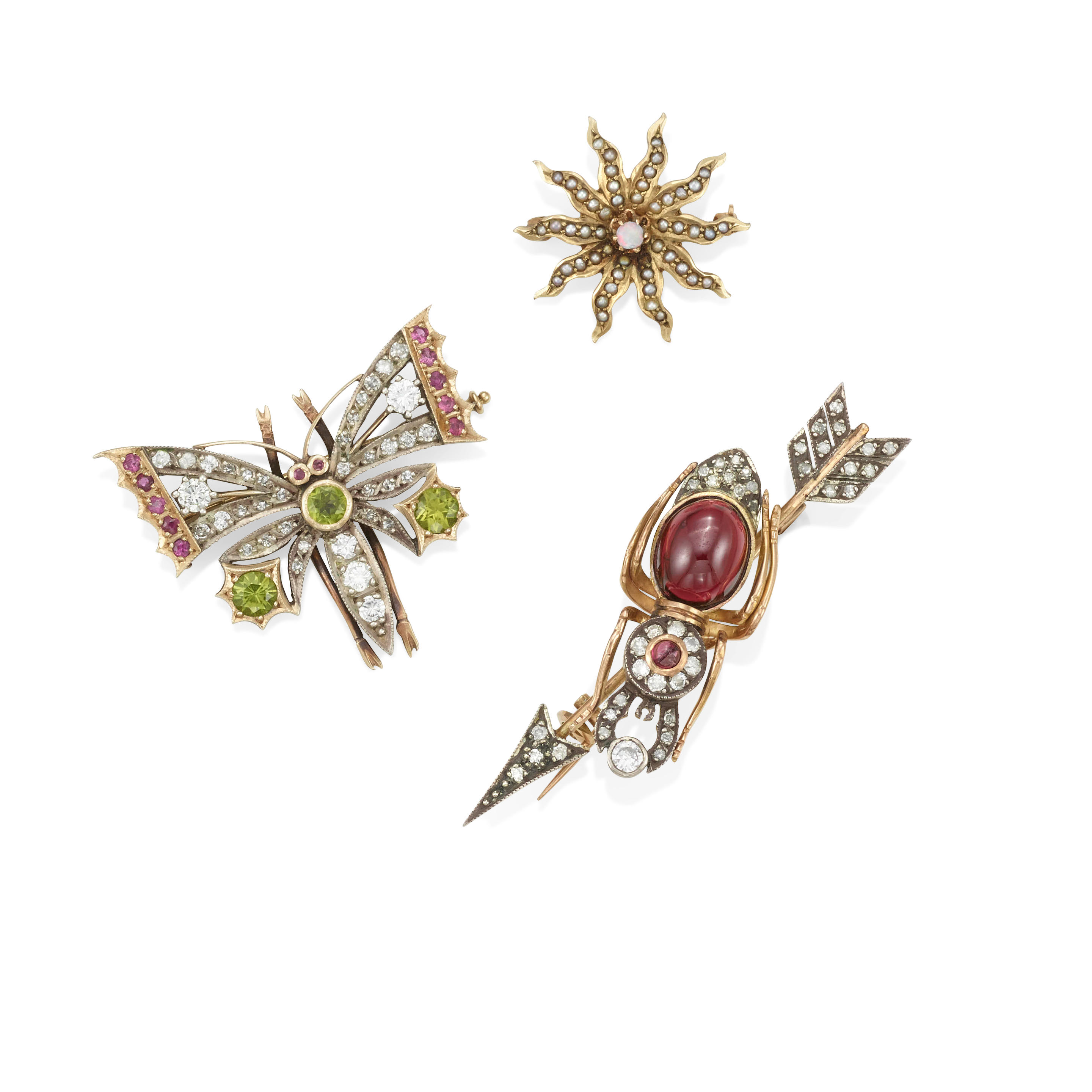 Appraisal: A GROUP OF GOLD GEM-SET SEED PEARL AND DIAMOND BROOCHES