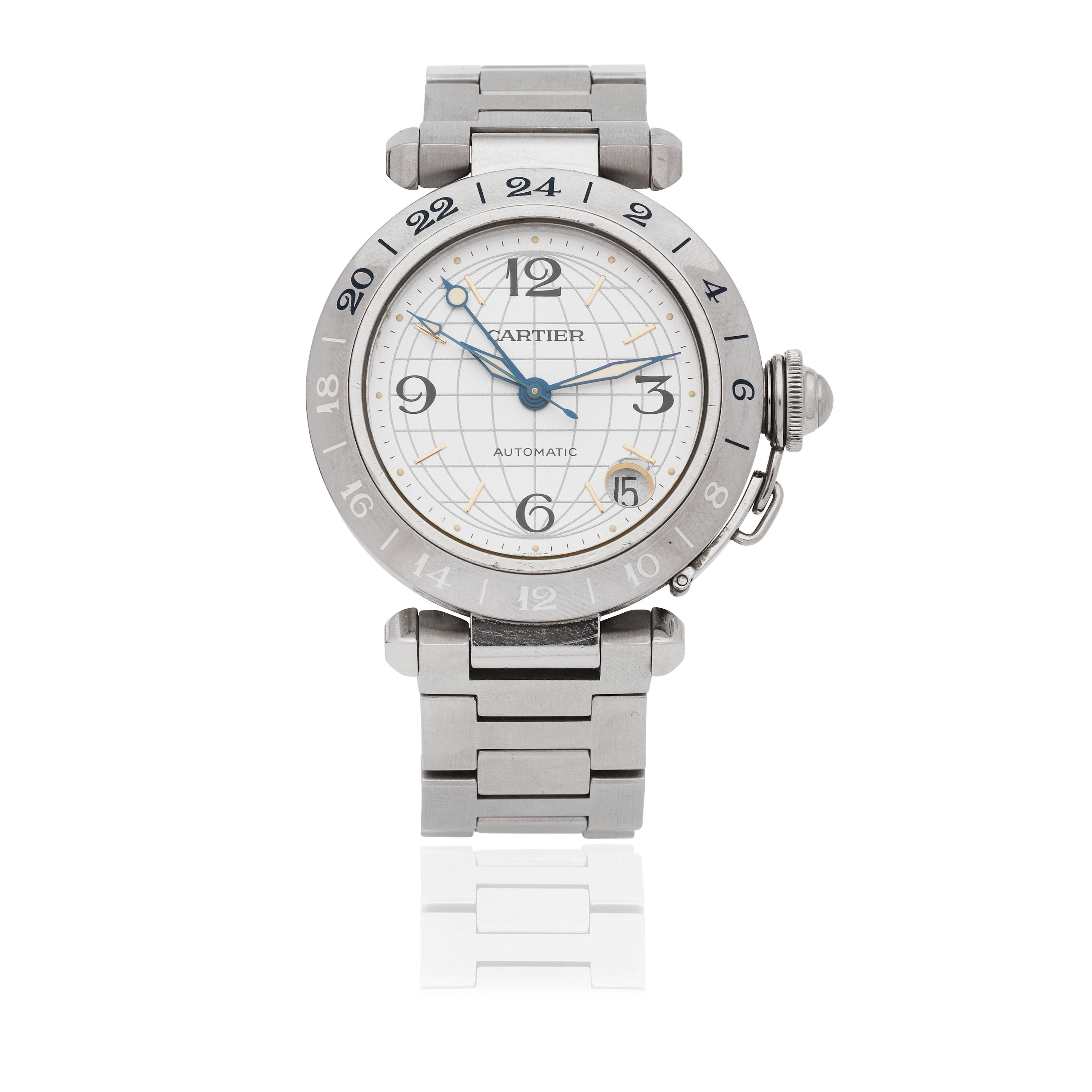 Appraisal: CARTIER A STAINLESS STEEL AUTOMATIC CALENDAR BRACELET WATCH WITH DUAL