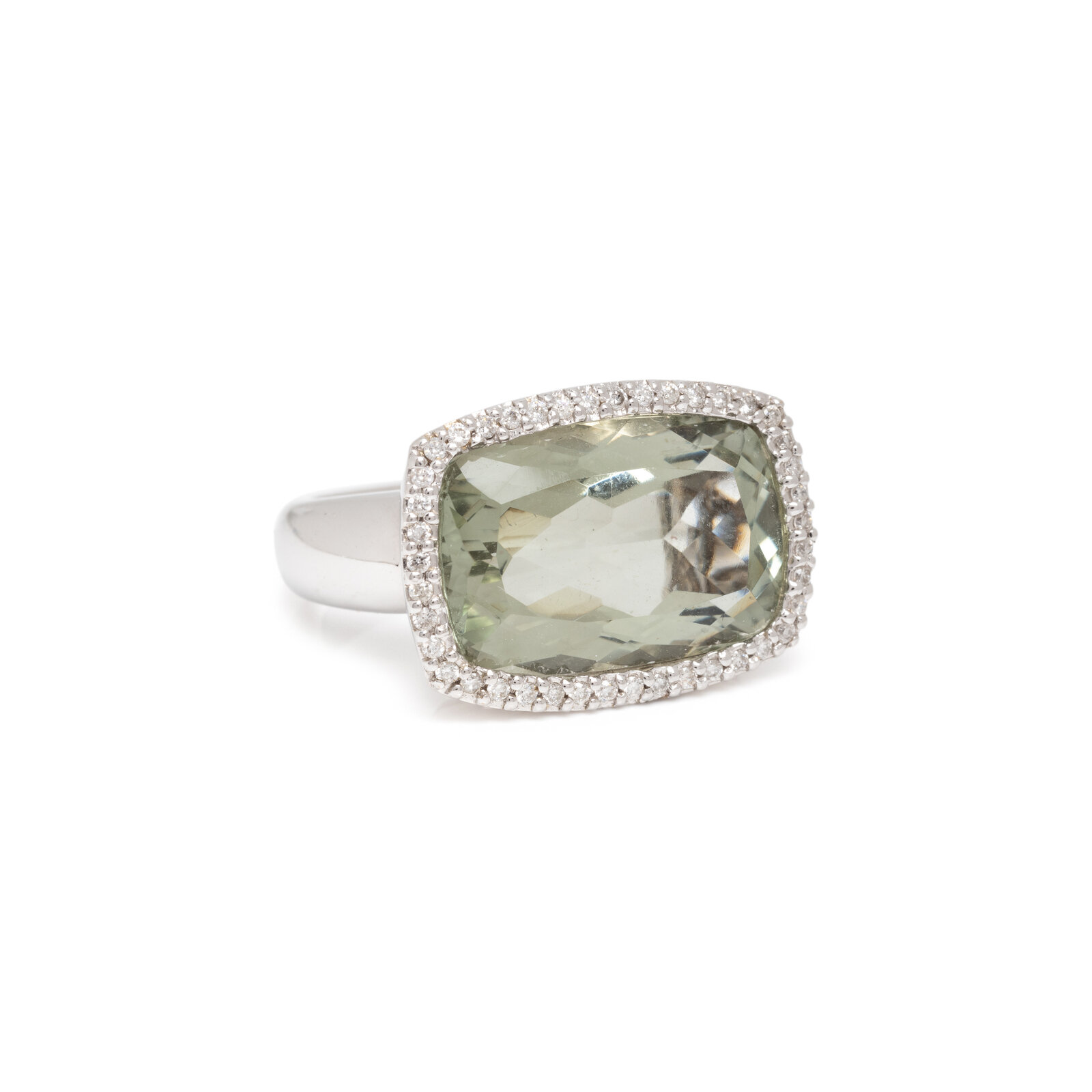 Appraisal: GREEN QUARTZ AND DIAMOND RING Cushion faceted green quartz measuring