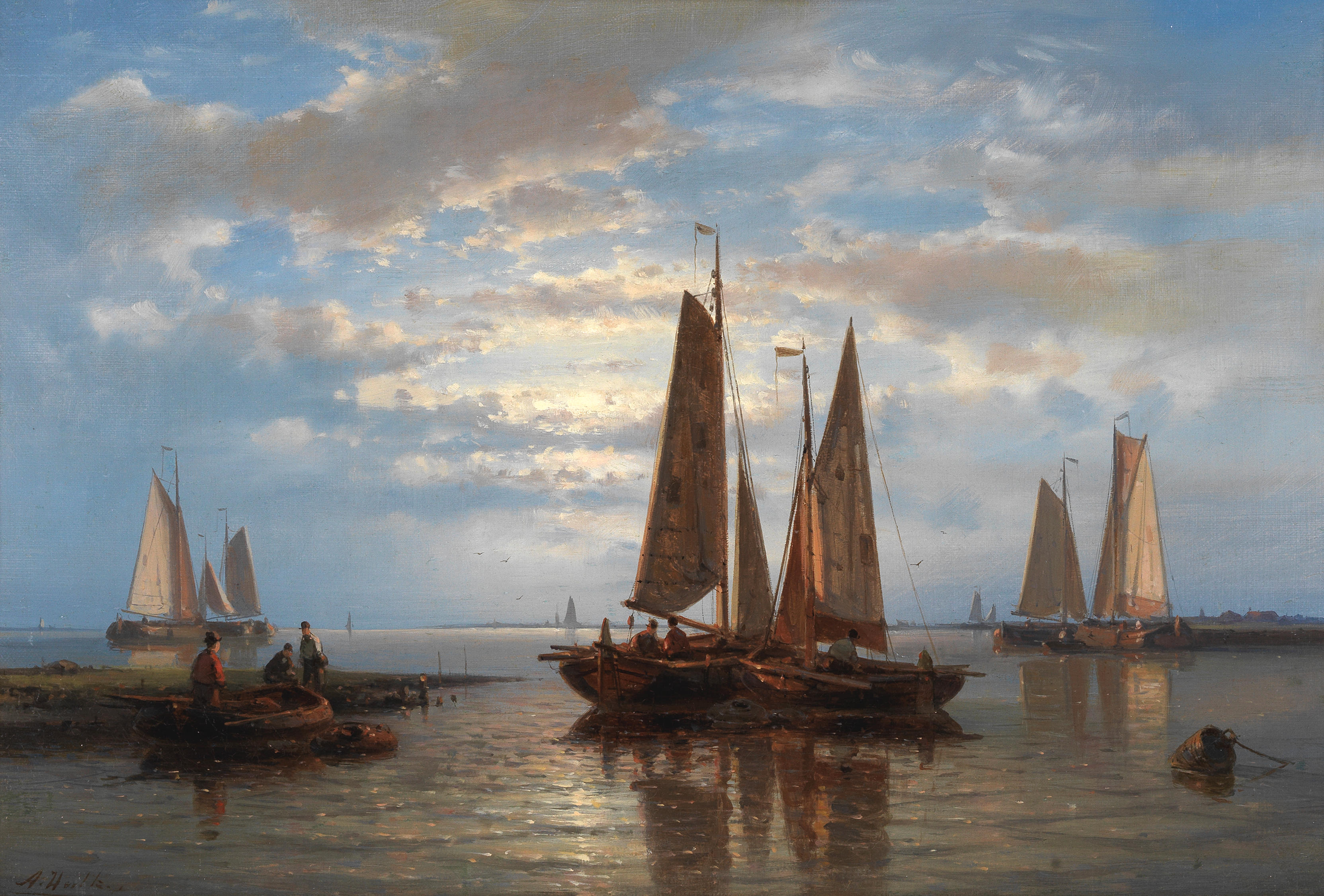 Appraisal: ABRAHAM HULK DUTCH - Fishing boats at dawn Boats in