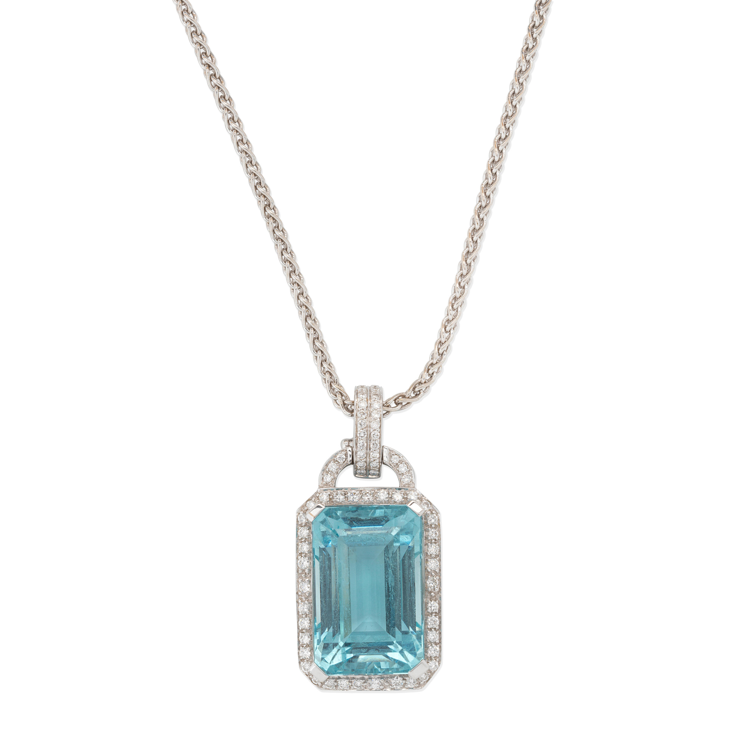 Appraisal: AQUAMARINE AND DIAMOND PENDANT NECKLACE Octagonal step-cut aquamarine approx cts