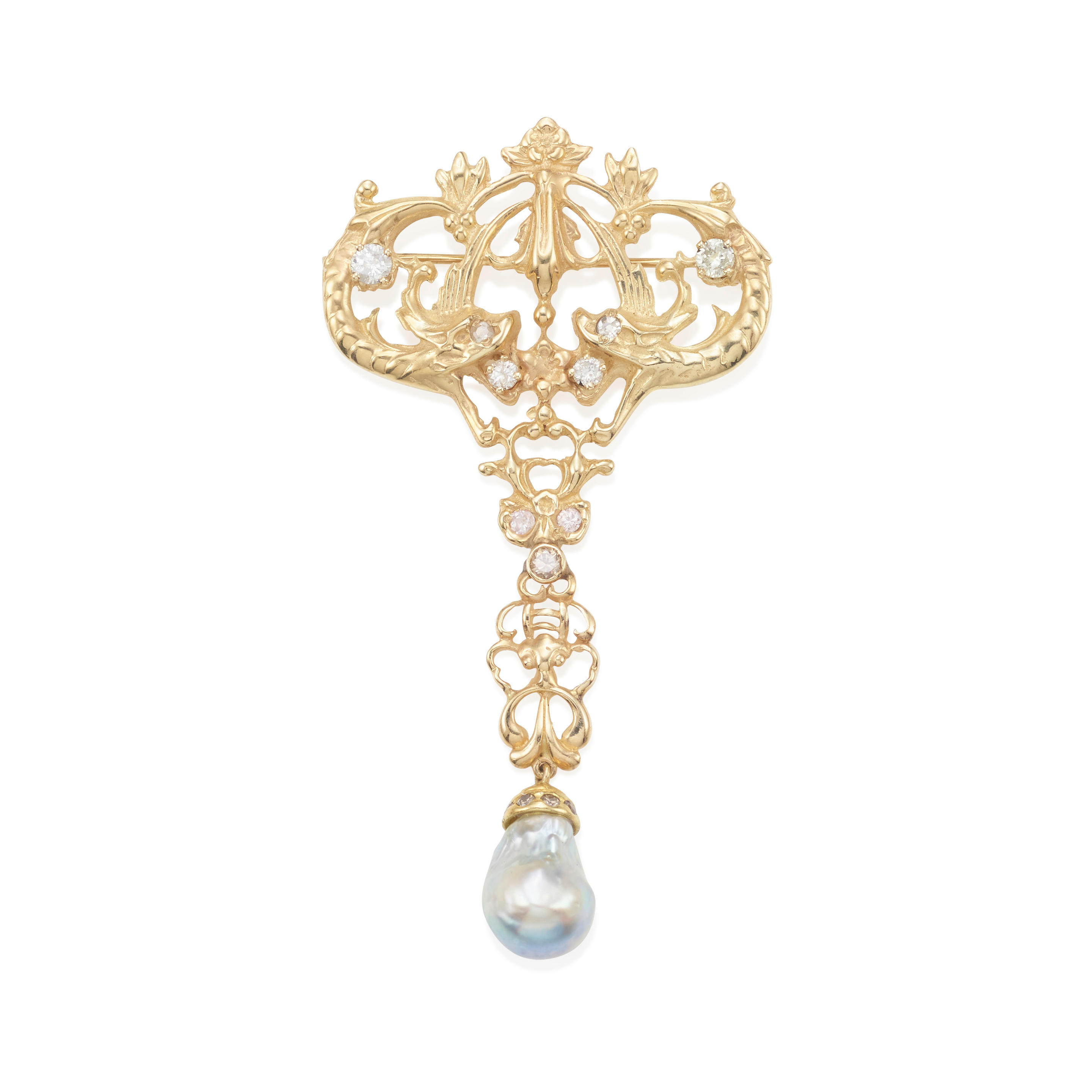 Appraisal: A GOLD DIAMOND AND CULTURED PEARL BROOCH Diamonds weighing approximately