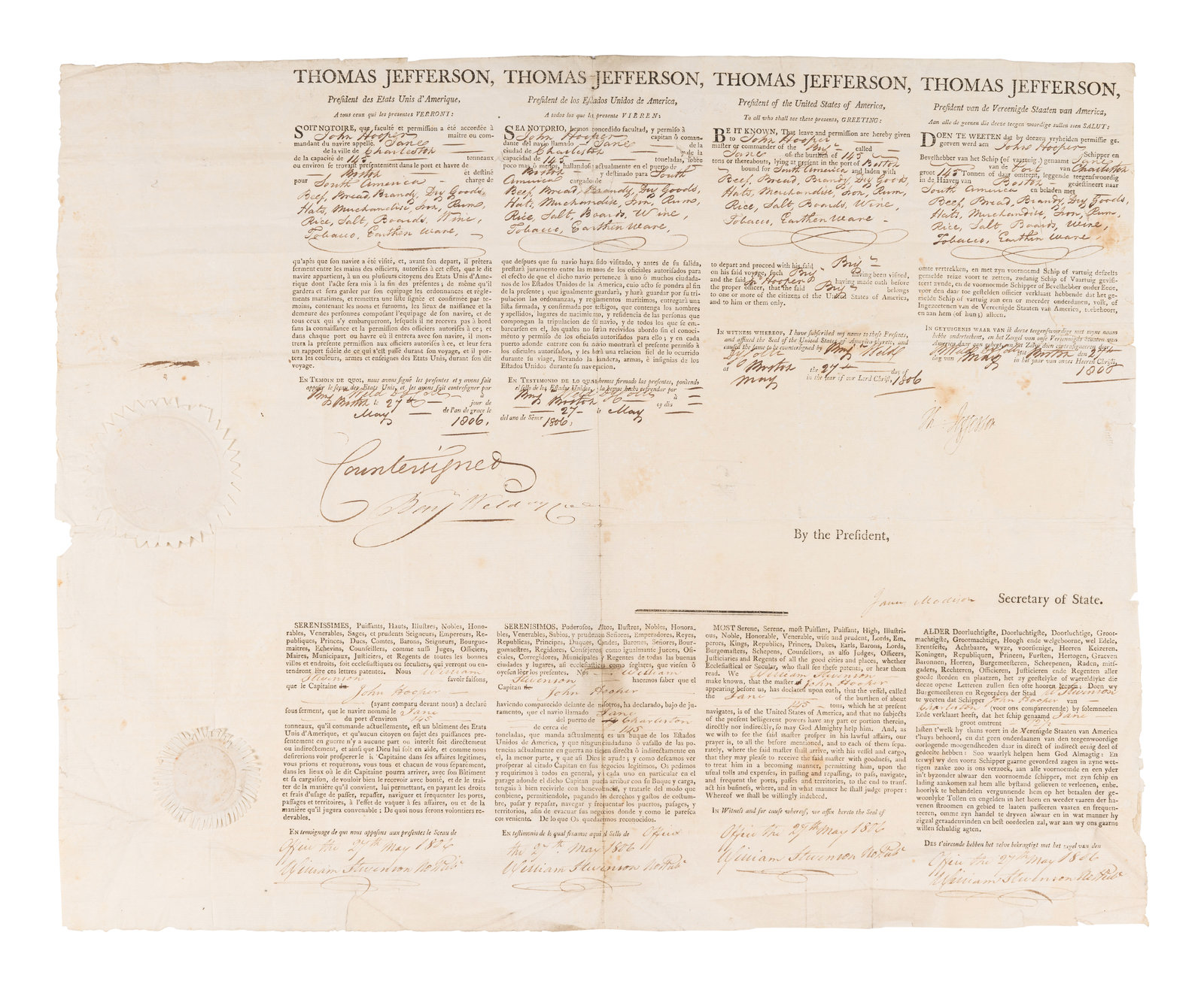 Appraisal: JEFFERSON Thomas - Partly printed document signed Th Jefferson as