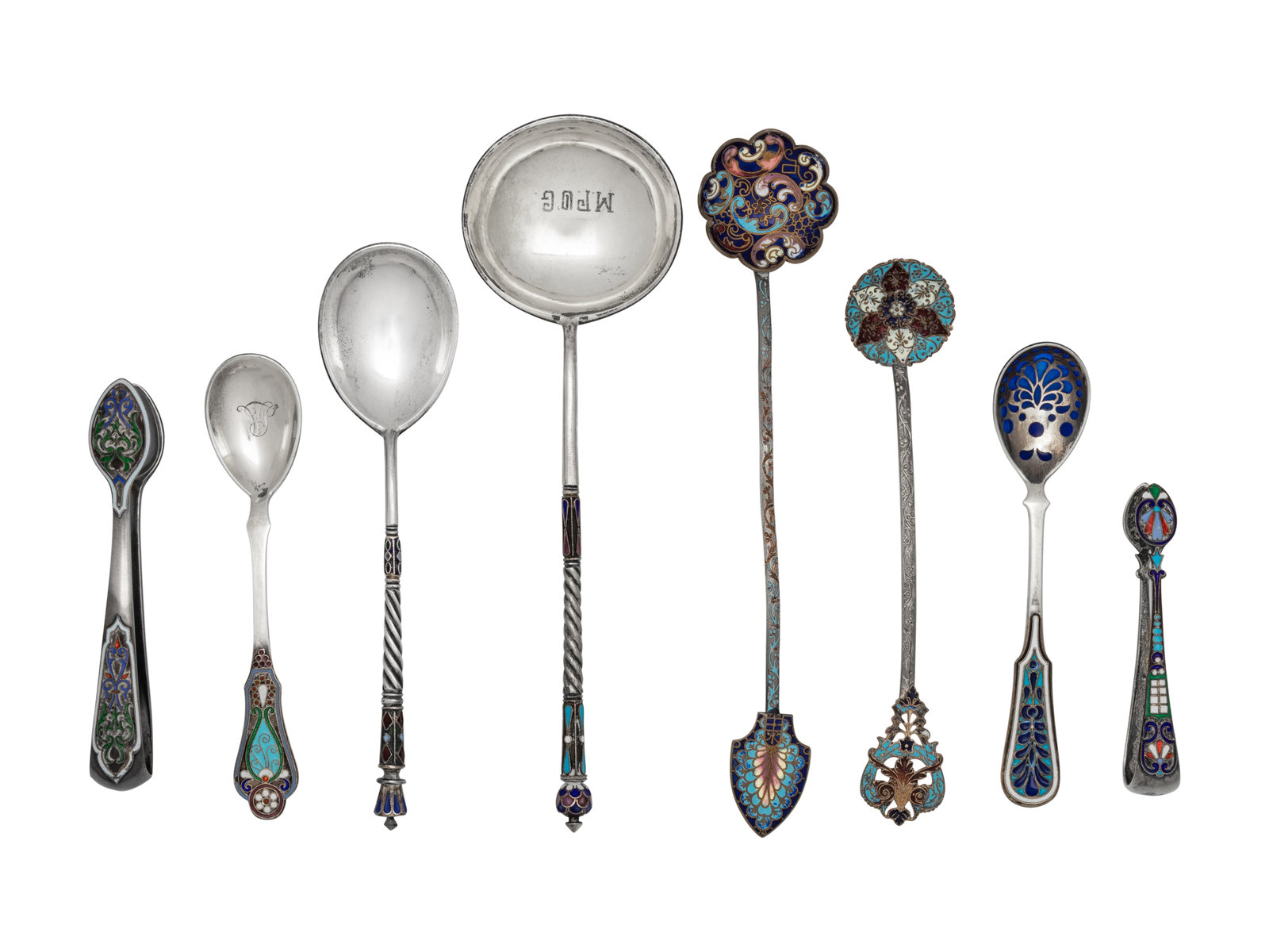 Appraisal: A Group of Six Russian Enameled Silver Flatware Articles Various