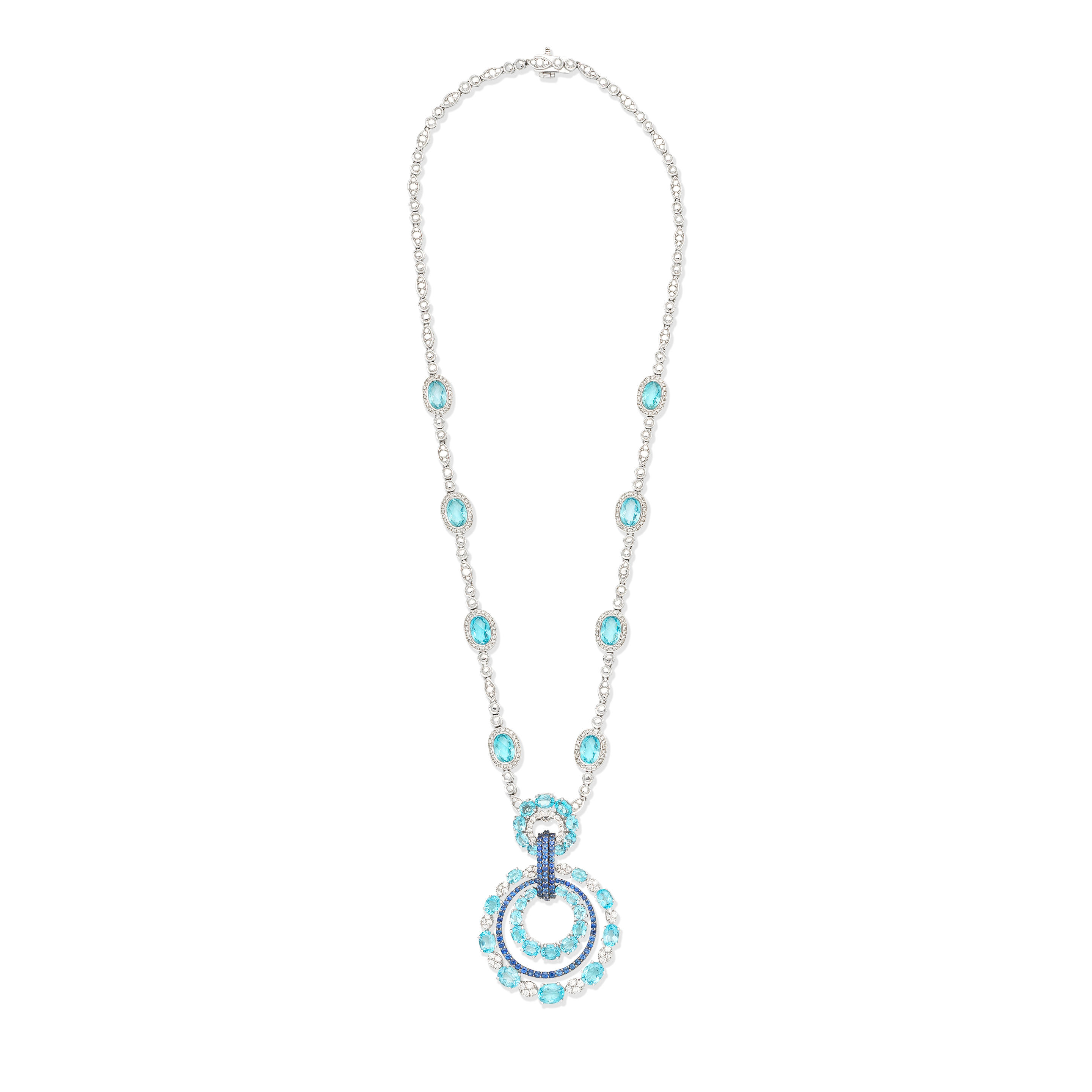 Appraisal: BLUE TOPAZ SAPPHIRE AND DIAMOND PENDANT NECKLACE The pendant composed