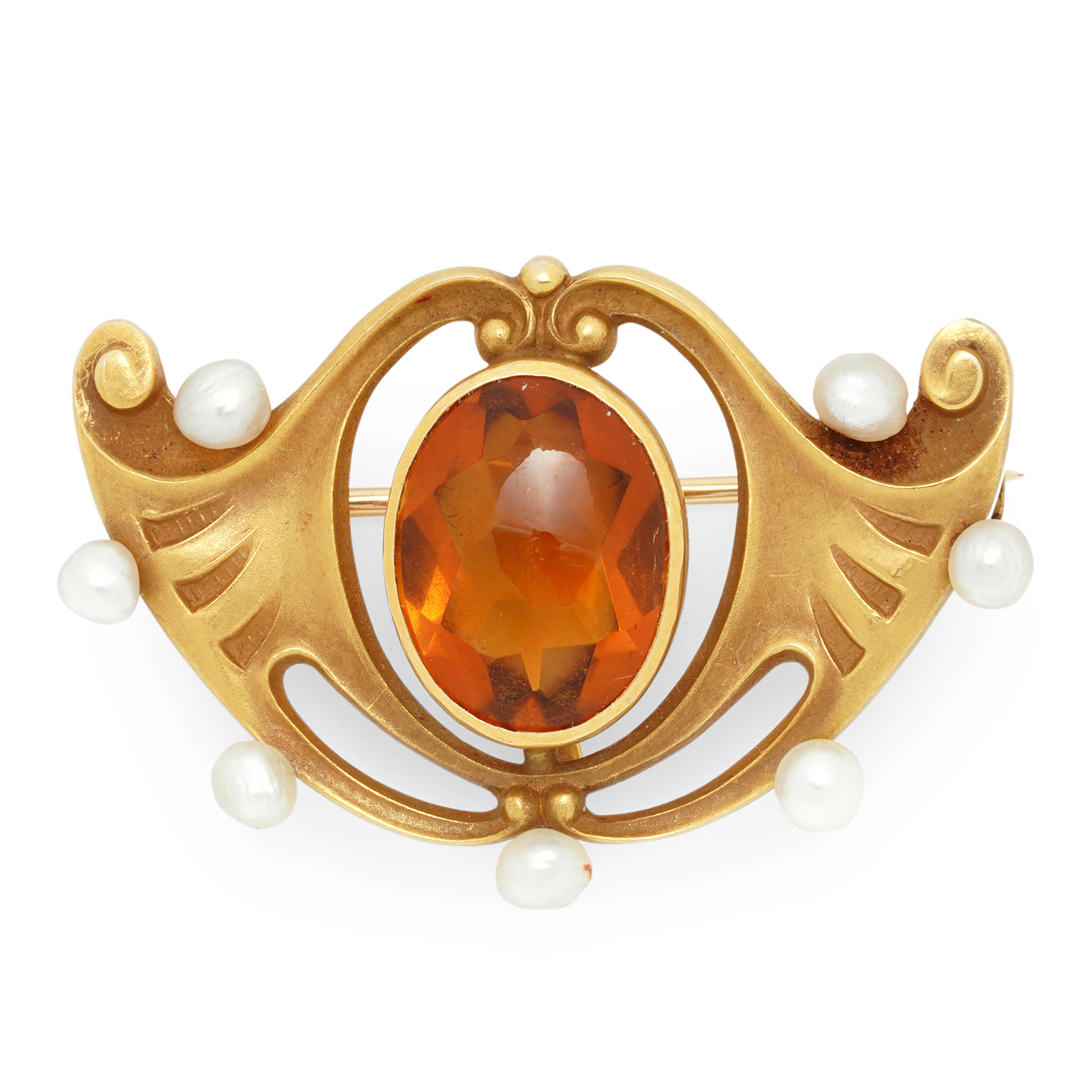 Appraisal: AN ART NOUVEAU K GOLD CITRINE AND SEED PEARL BROOCH