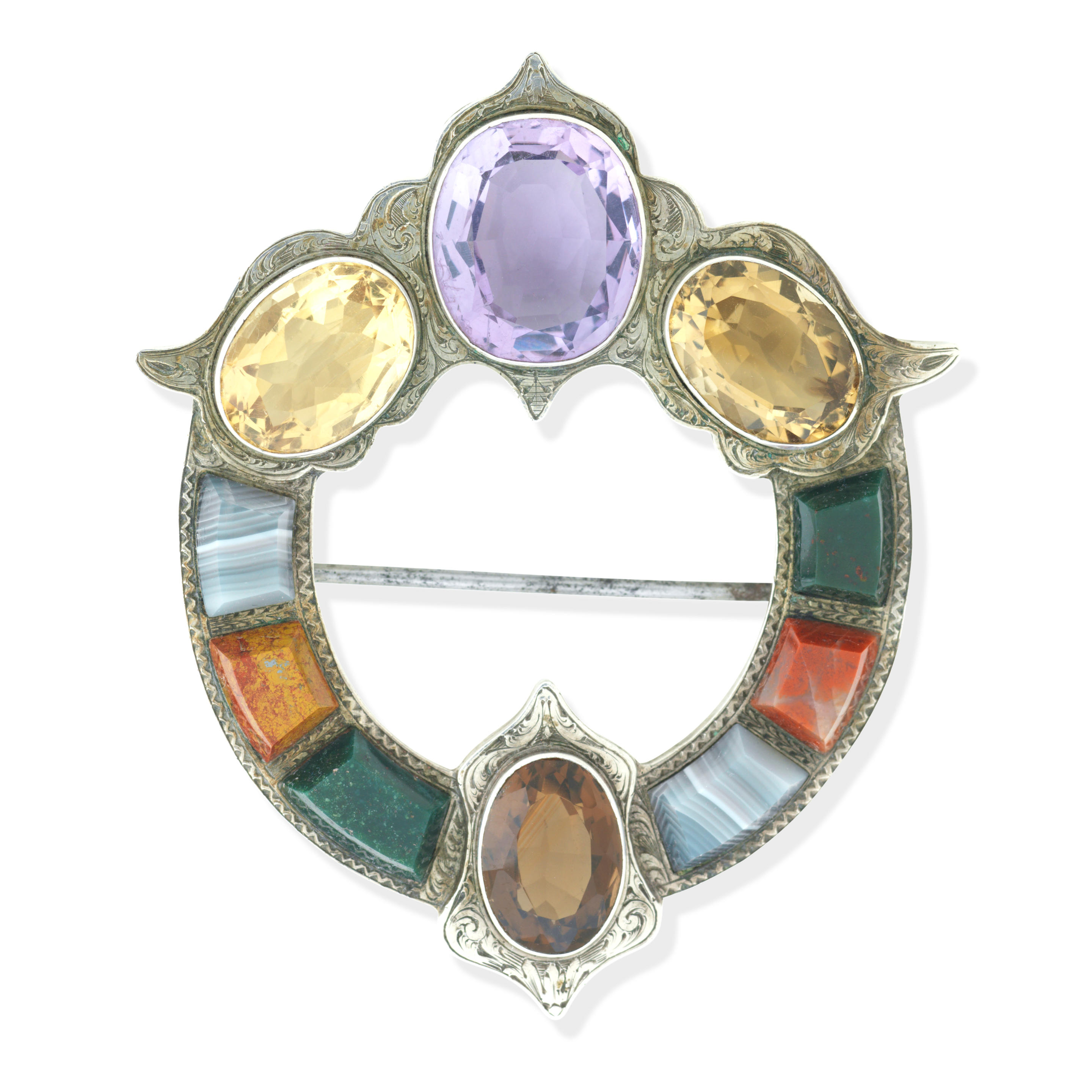 Appraisal: A SILVER GEM-SET AND HARDSTONE BROOCH VICTORIAN Of open form