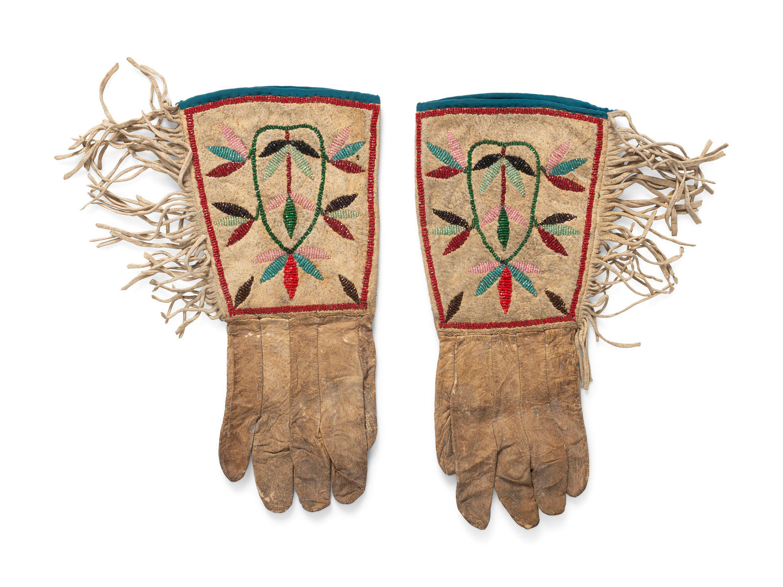 Appraisal: Santee Sioux Beaded Hide Gauntlets ca floral designs on cuffs