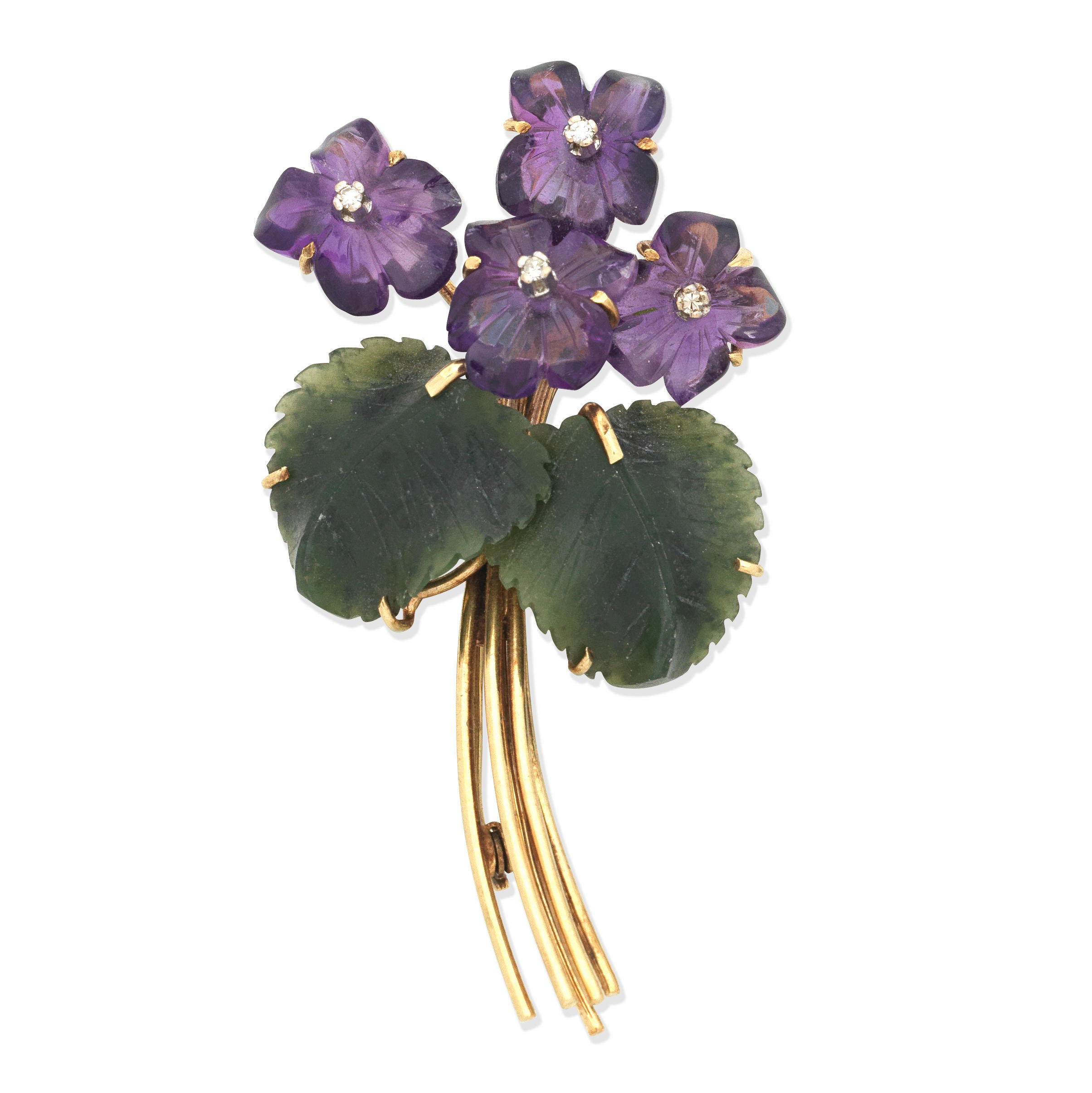 Appraisal: AMETHYST AND NEPHRITE FLORAL SPRAY BROOCH CIRCA Carved amethyst flowers