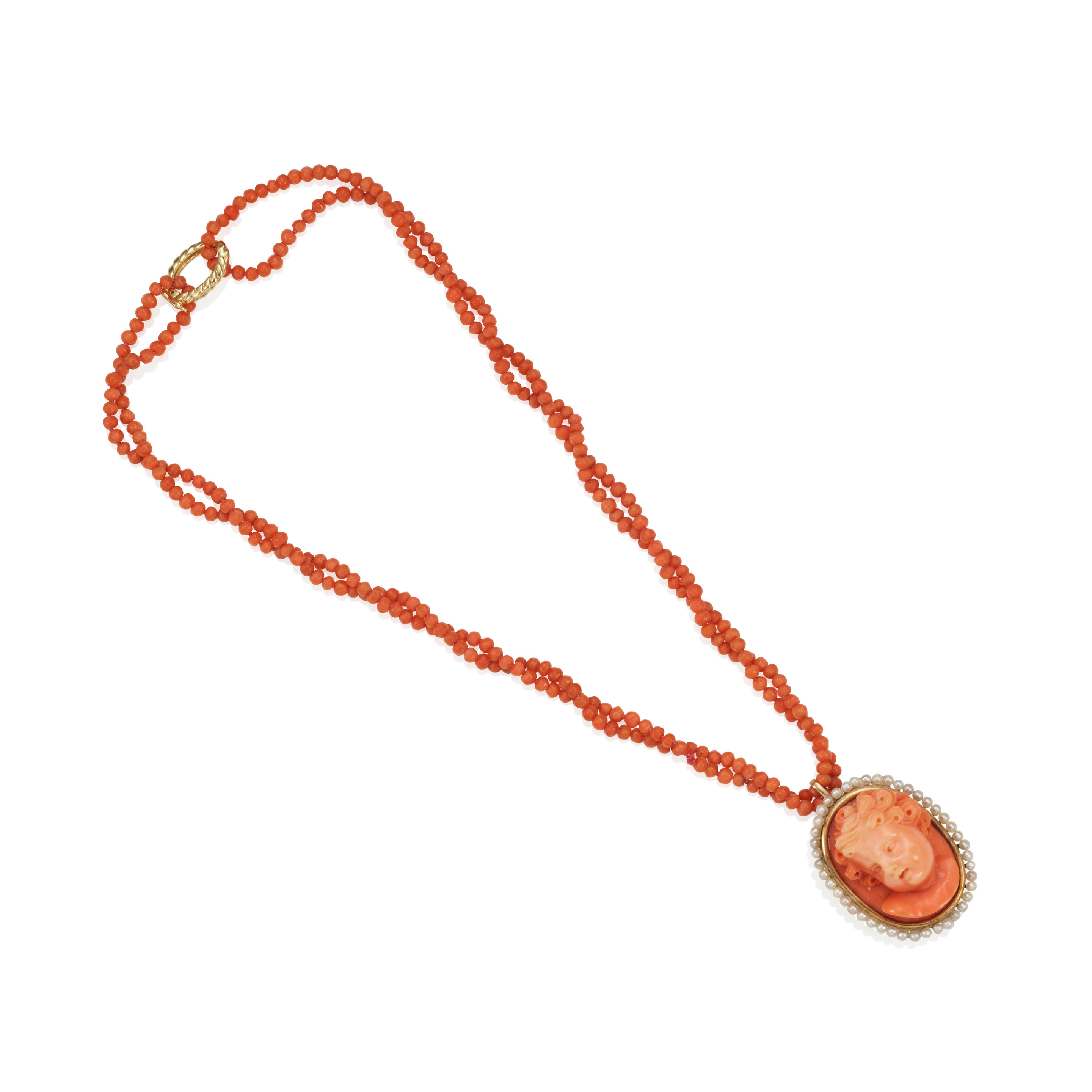 Appraisal: A GOLD CORAL AND SEED PEARL CAMEO NECKLACE Coral seed