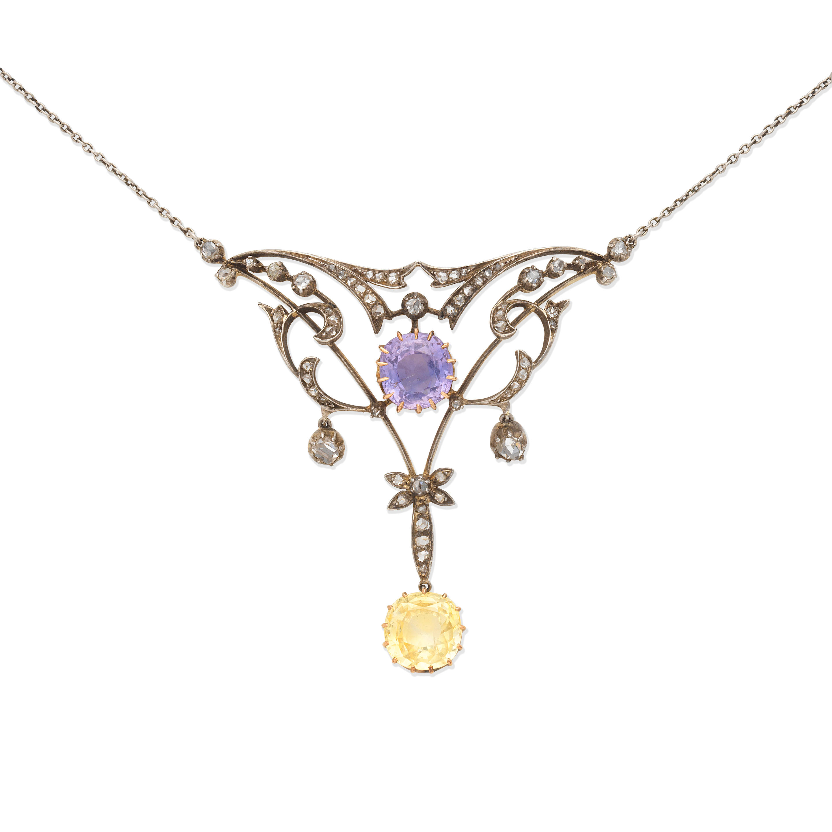 Appraisal: COLOURED SAPPHIRE AND DIAMOND NECKLACE CIRCA Set with a cushion-shaped