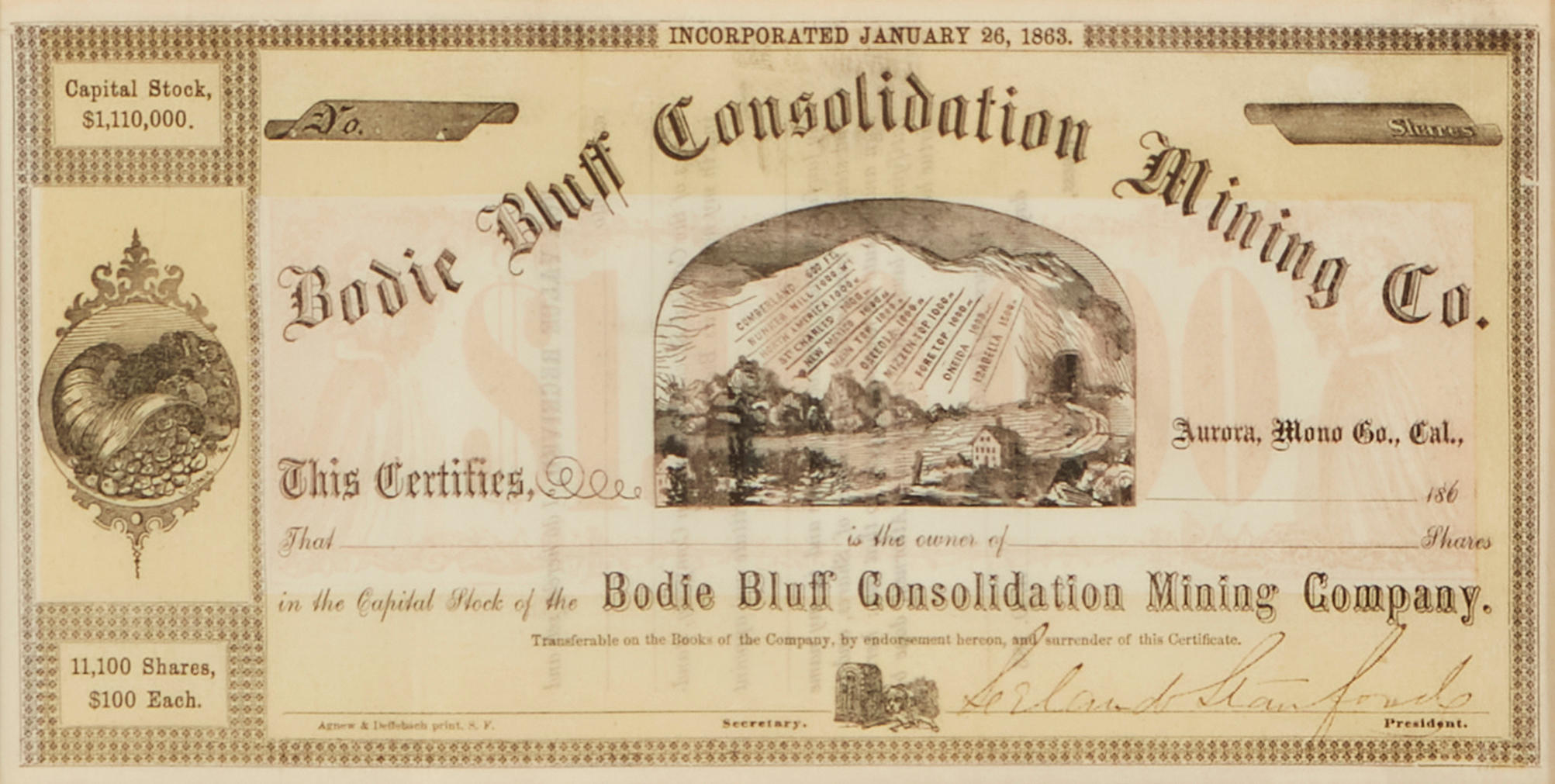 Appraisal: A LELAND STANFORD BODIE BLUFF MINING CO STOCK CERTIFICATE STANFORD