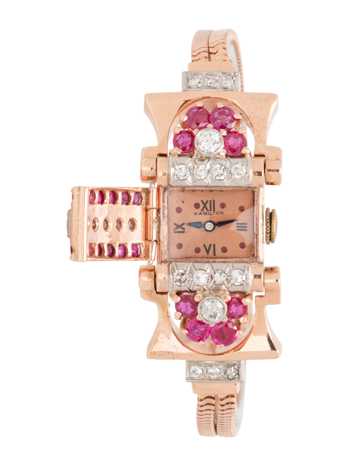 Appraisal: HAMILTON RETRO K ROSE GOLD RUBY AND DIAMOND SURPRISE WRISTWATCH