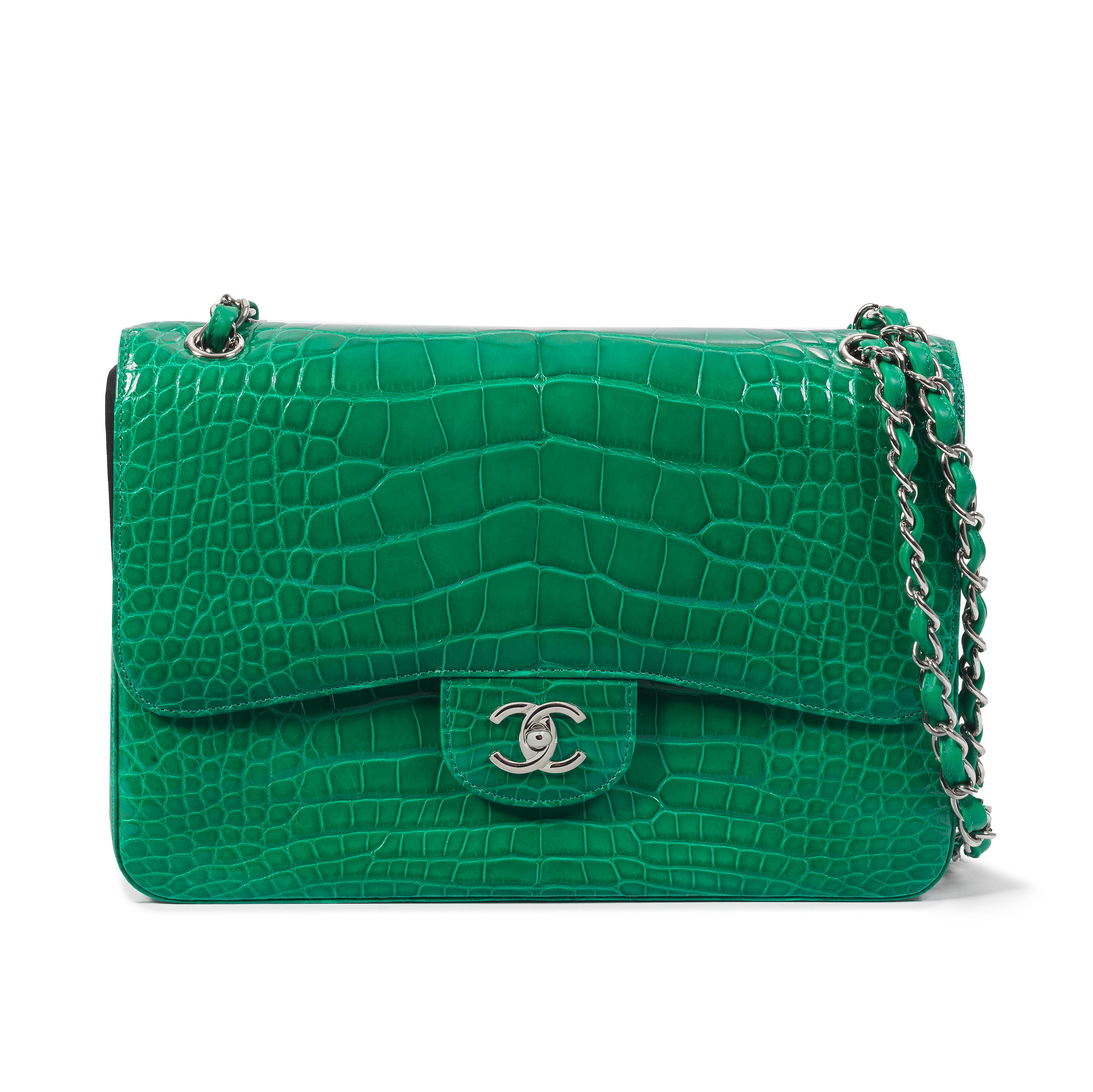 Appraisal: CHANEL A SHINY EMERALD GREEN ALLIGATOR JUMBO DOUBLE FLAP BAG