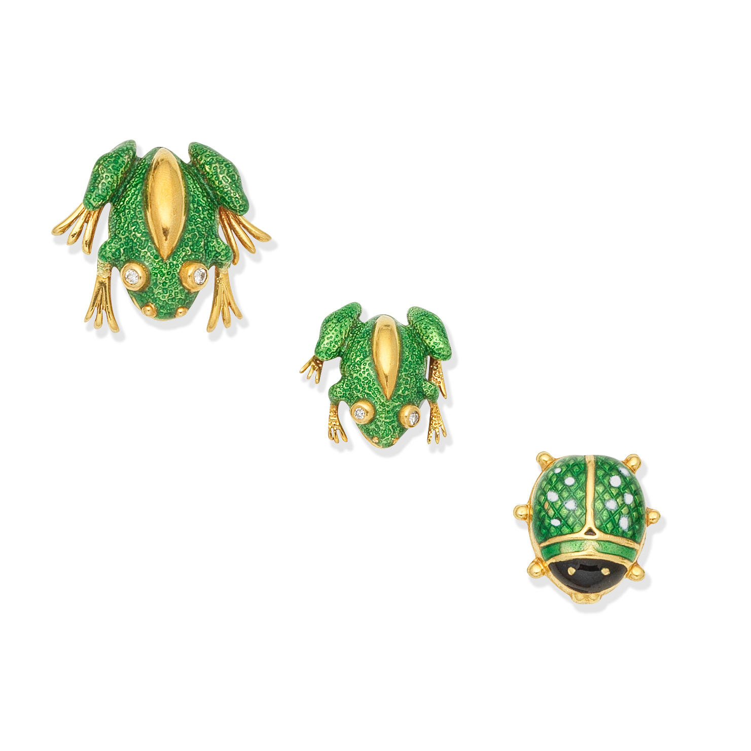 Appraisal: ENAMEL LADYBIRD BROOCH TIFFANY TWO ENAMEL AND DIAMOND-SET FROG BROOCHES