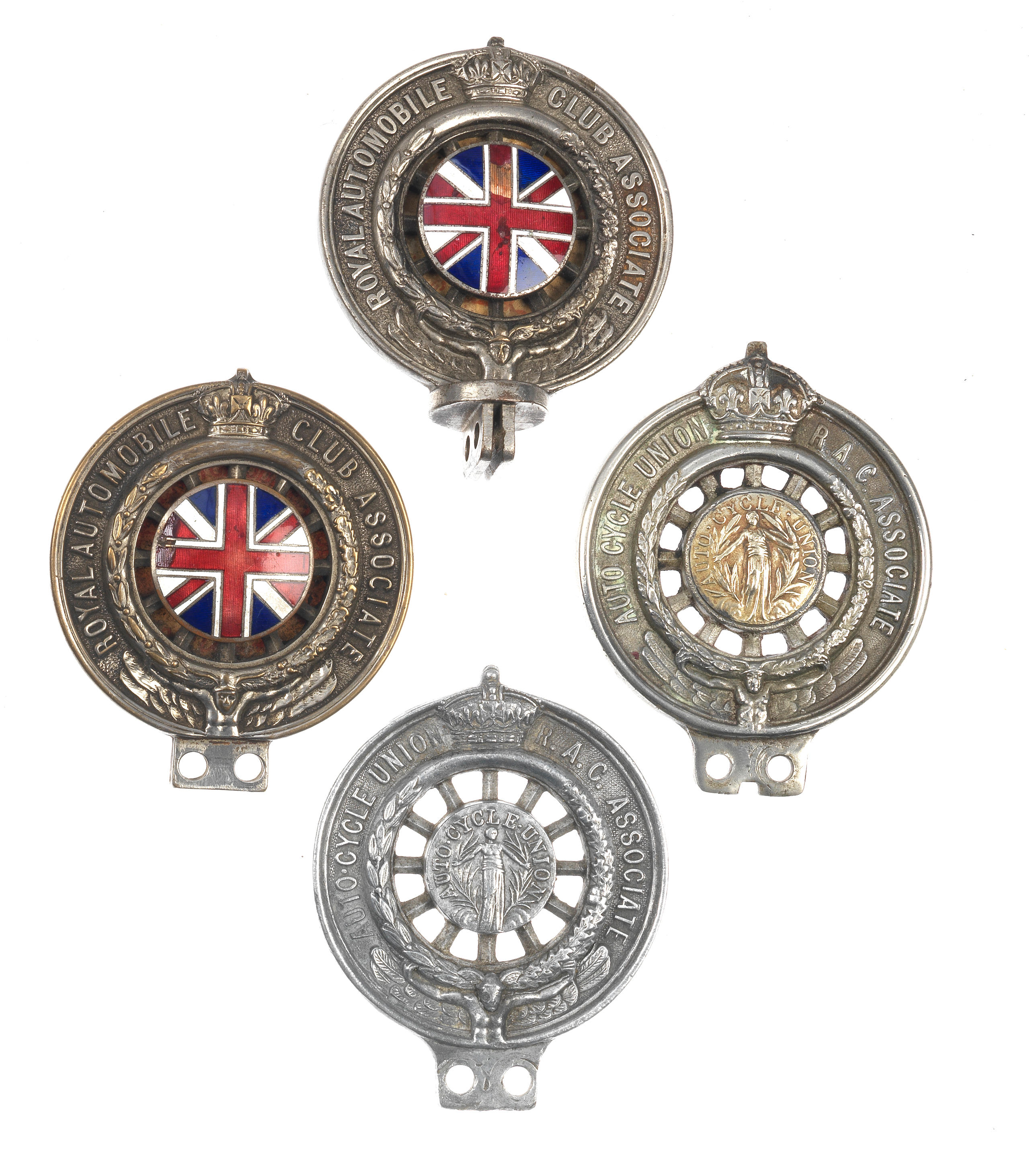 Appraisal: FOUR MOTORCYCLE SIZE RAC ASSOCIATE MEMBERS BADGES comprising solid nickel