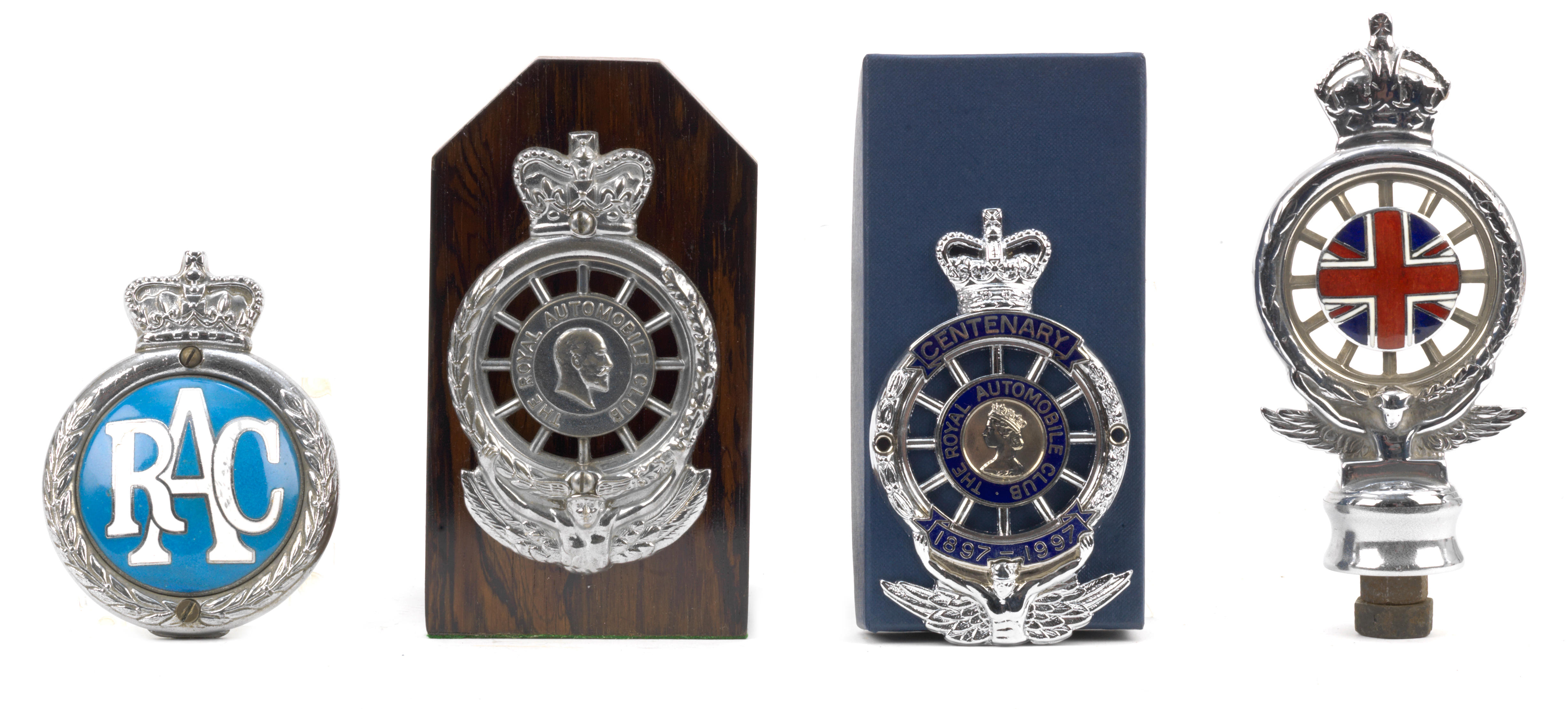 Appraisal: THREE ENAMELLED RAC FULL MEMBERS BADGES comprising s nickel-plated solid