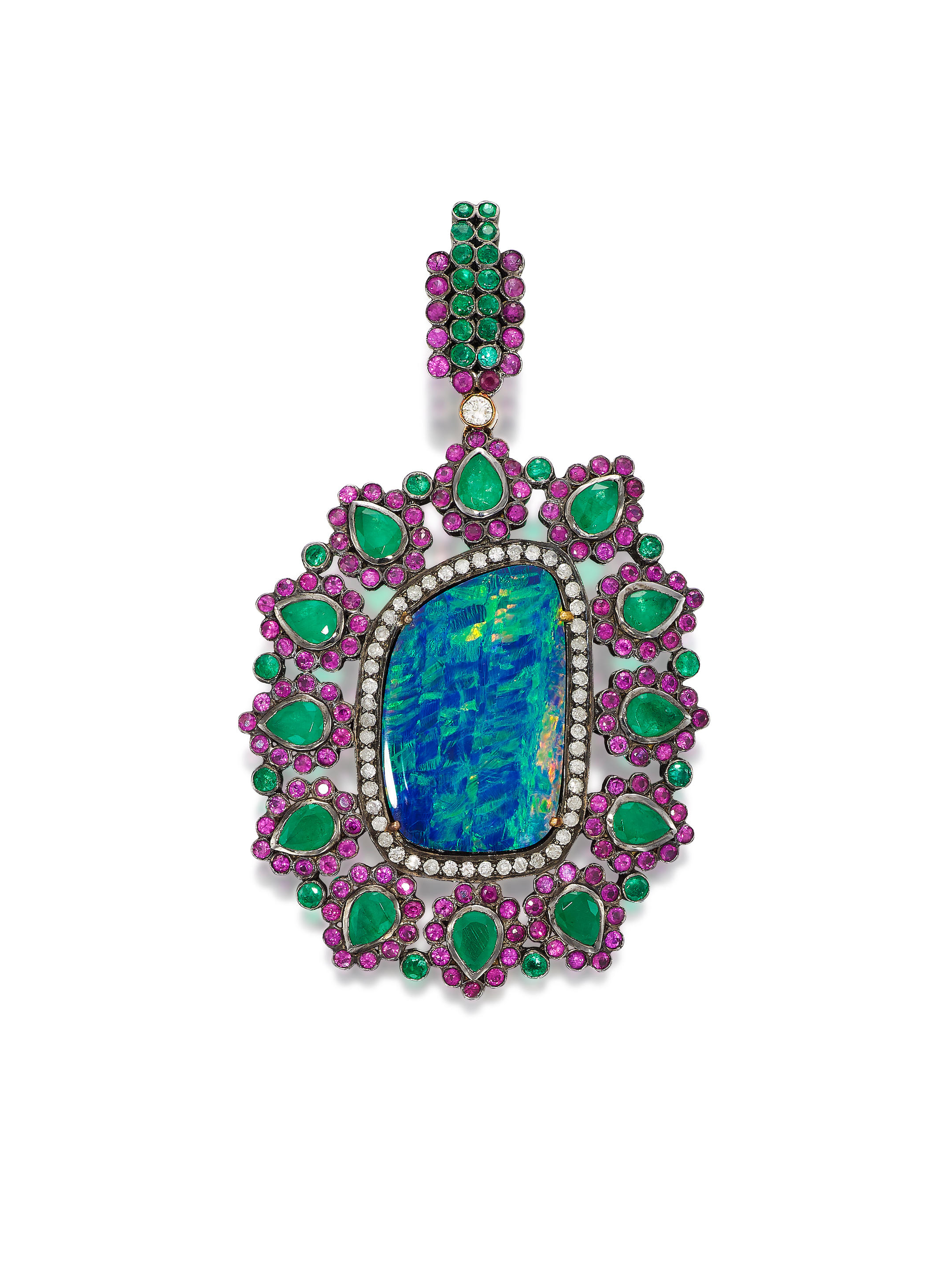 Appraisal: OPAL GEM-SET AND DIAMOND PENDANT The freeform boulder opal framed