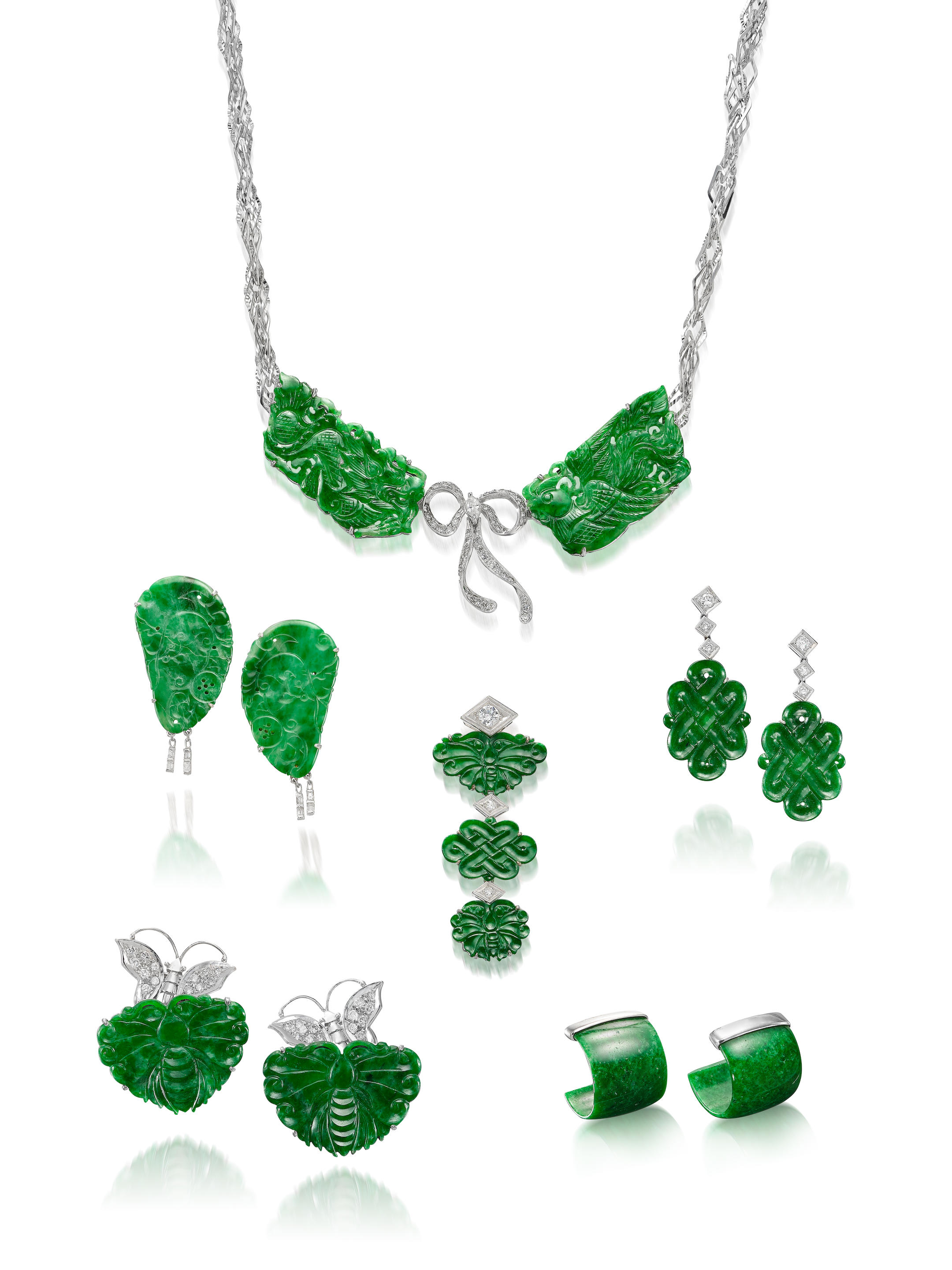 Appraisal: GROUP JADEITE AND DIAMOND JEWELLERY Comprising three pairs of earrings