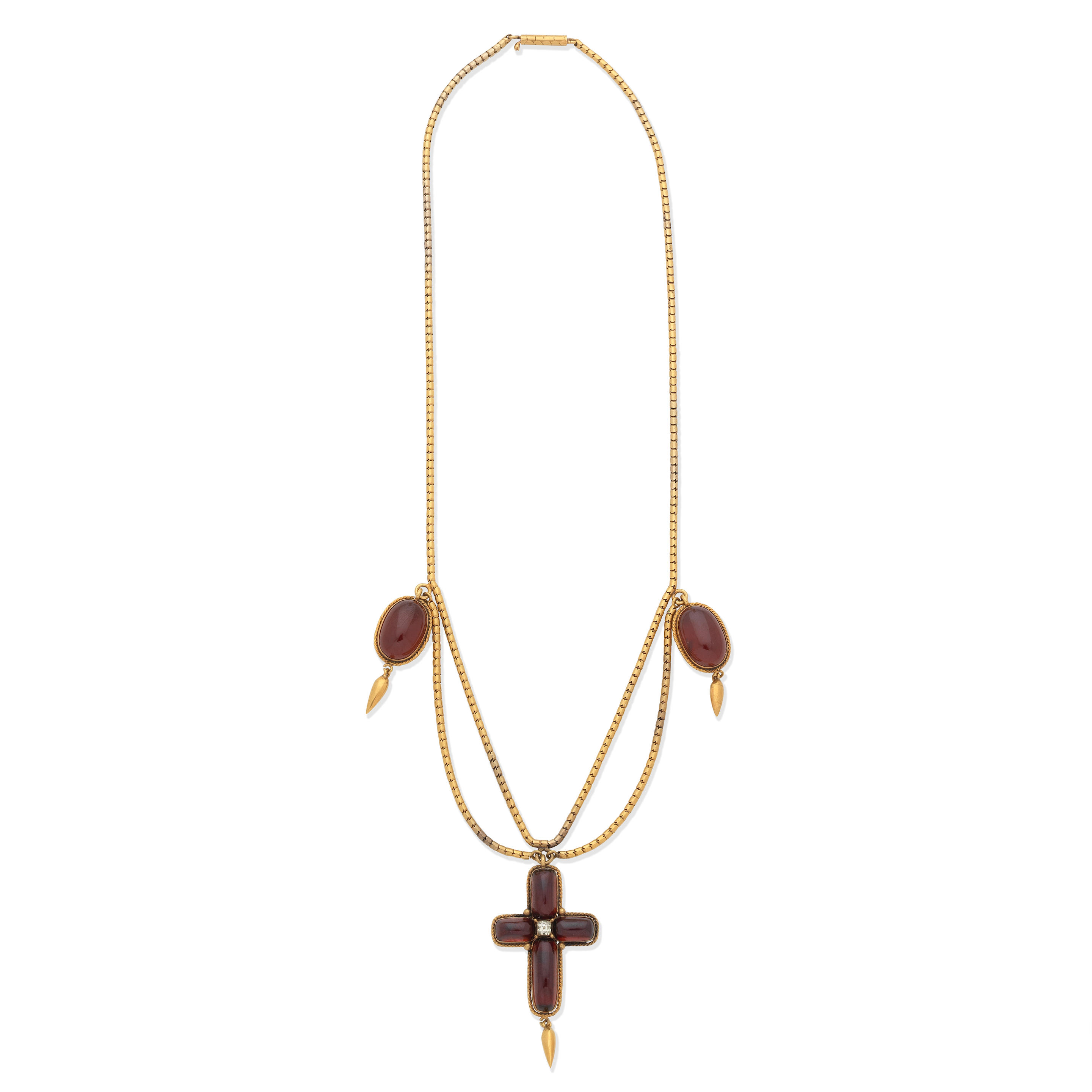 Appraisal: GARNET CROSS NECKLACE MID TH CENTURY The gold snake-link chain