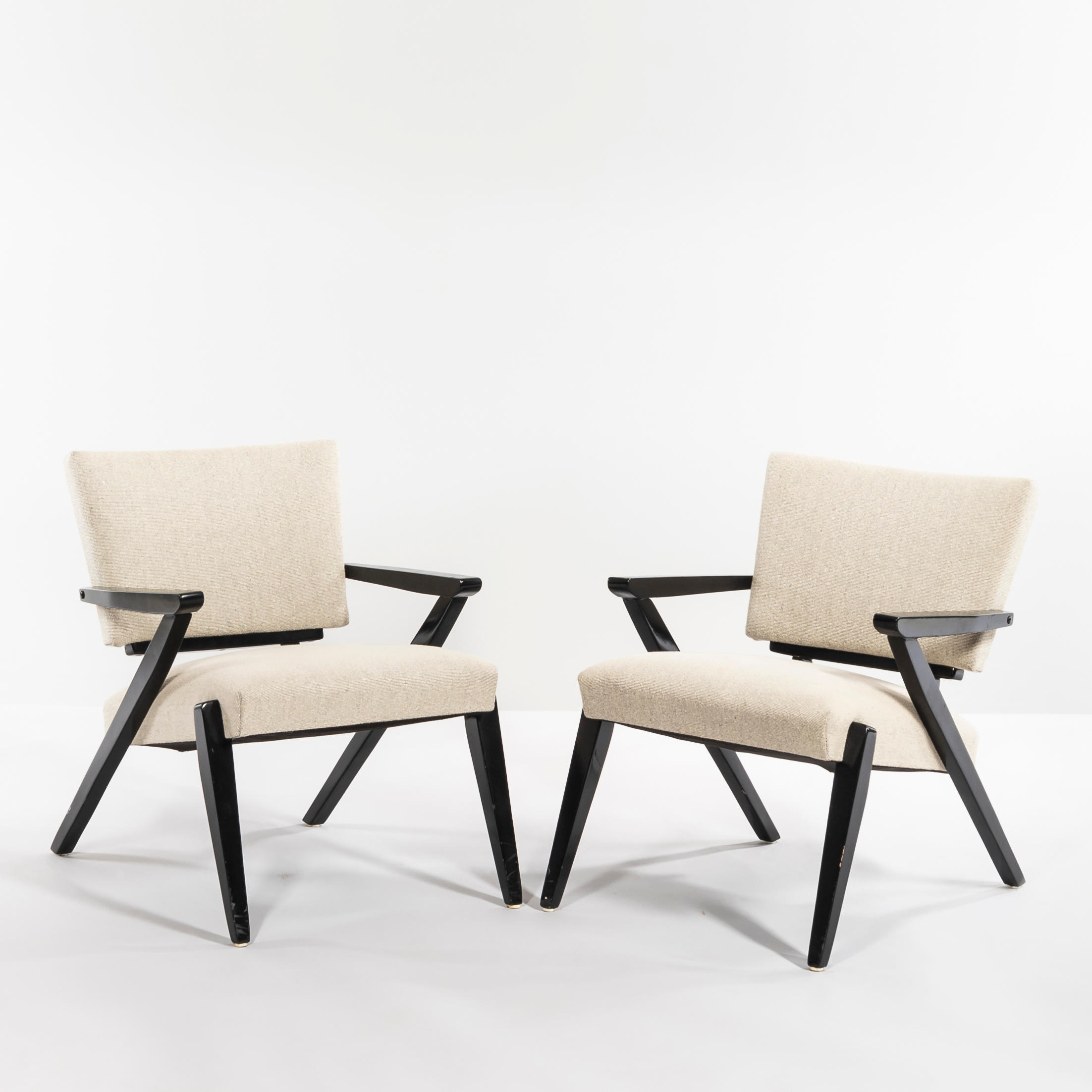 Appraisal: PAIR OF MID-CENTURY MODERN OPEN ARMCHAIRS c lacquered wood frames