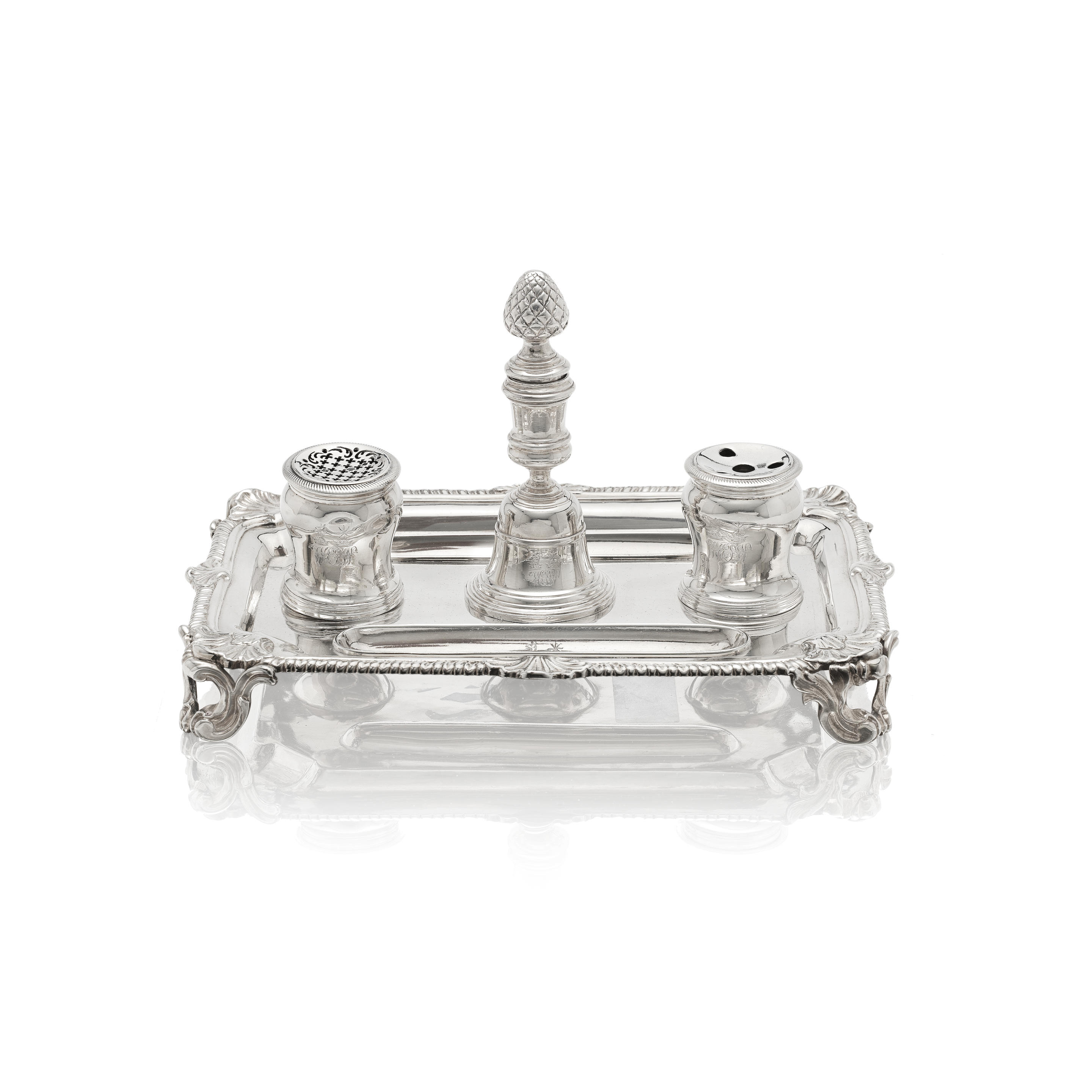 Appraisal: A GEORGE II SILVER INKSTAND John Jacob London Oblong form