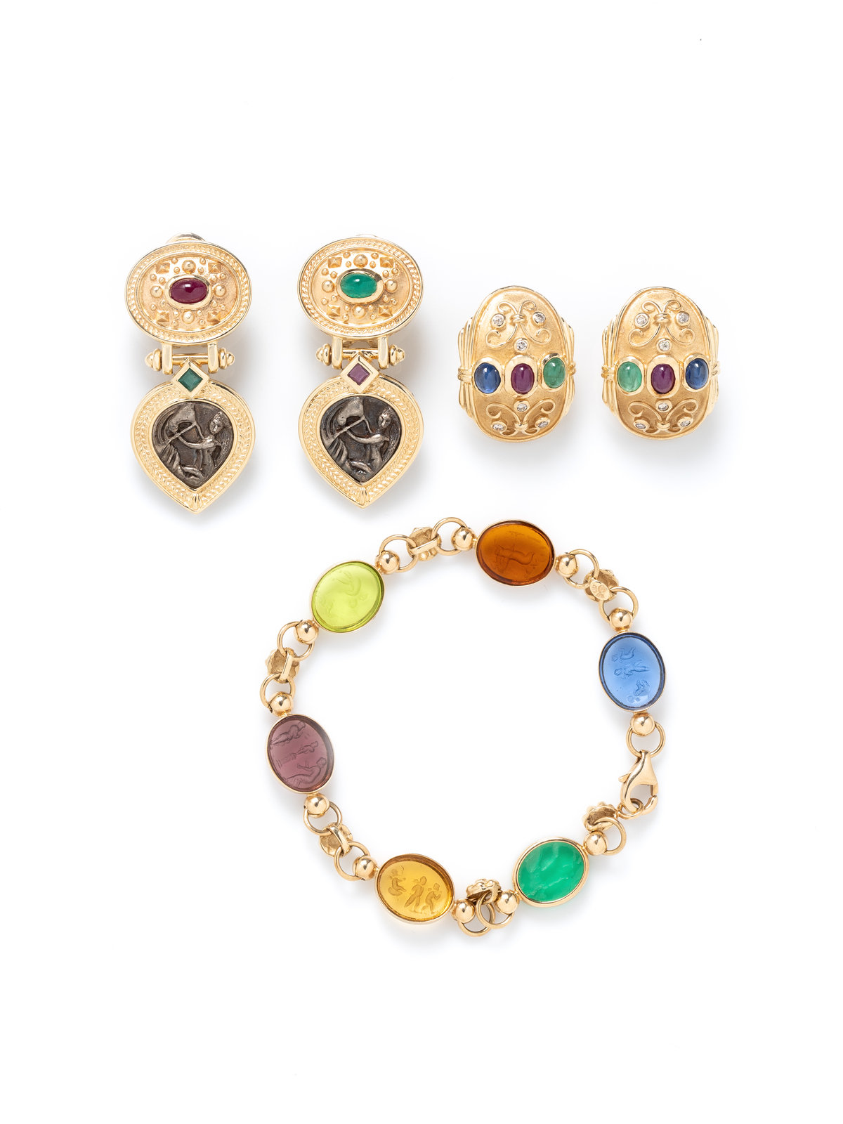 Appraisal: COLLECTION OF YELLOW GOLD GEMSTONE AND GLASS JEWELRY Consisting of